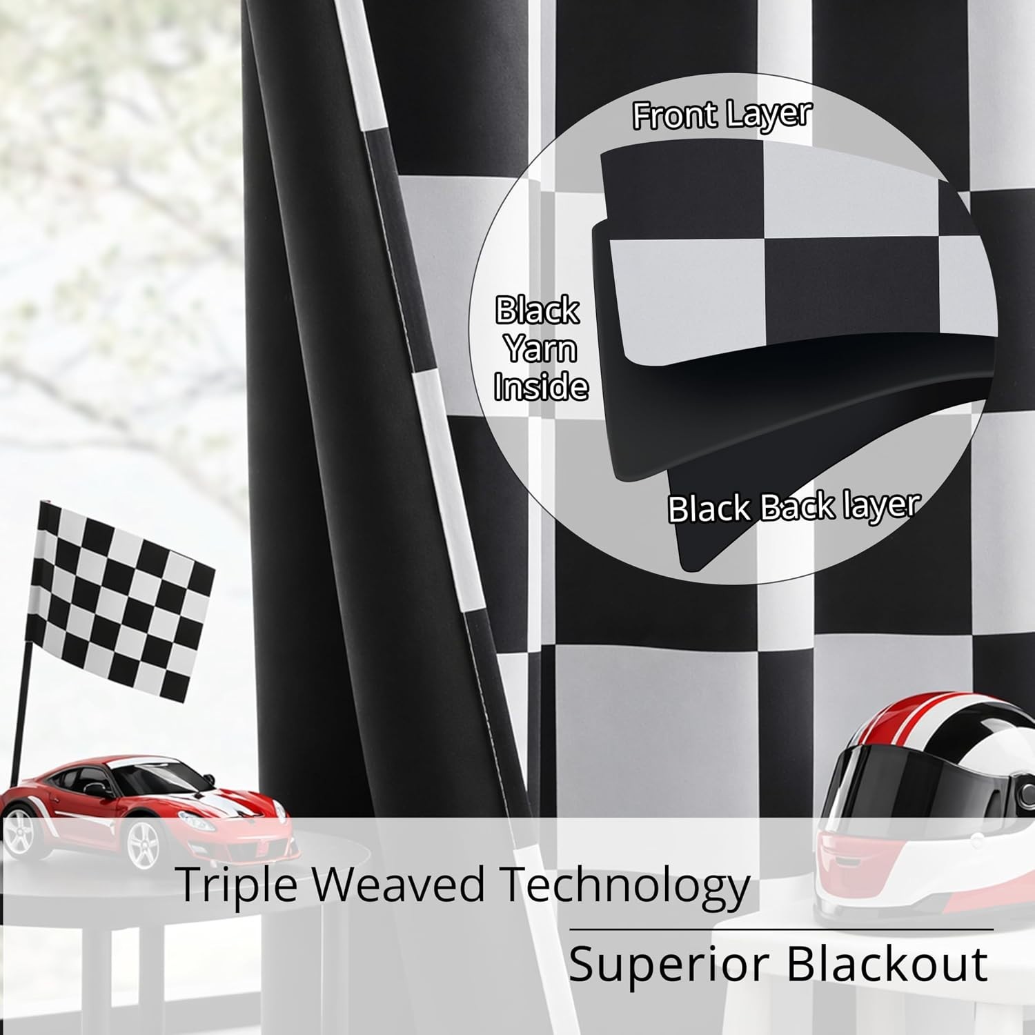 100% Blackout Curtains – Black and White Checkered Race Flag Pattern, 2 Pa