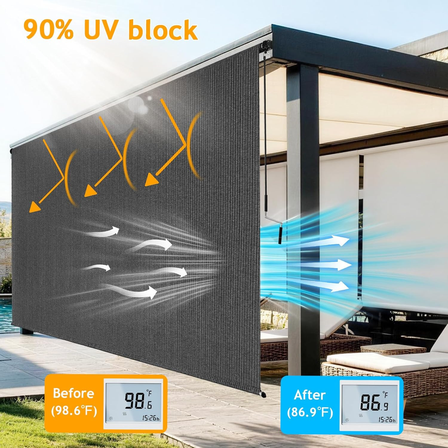 10’W X 8’H Gray Outdoor Roller Shade with Crank Wand Patio Shades Roll Up, Priva