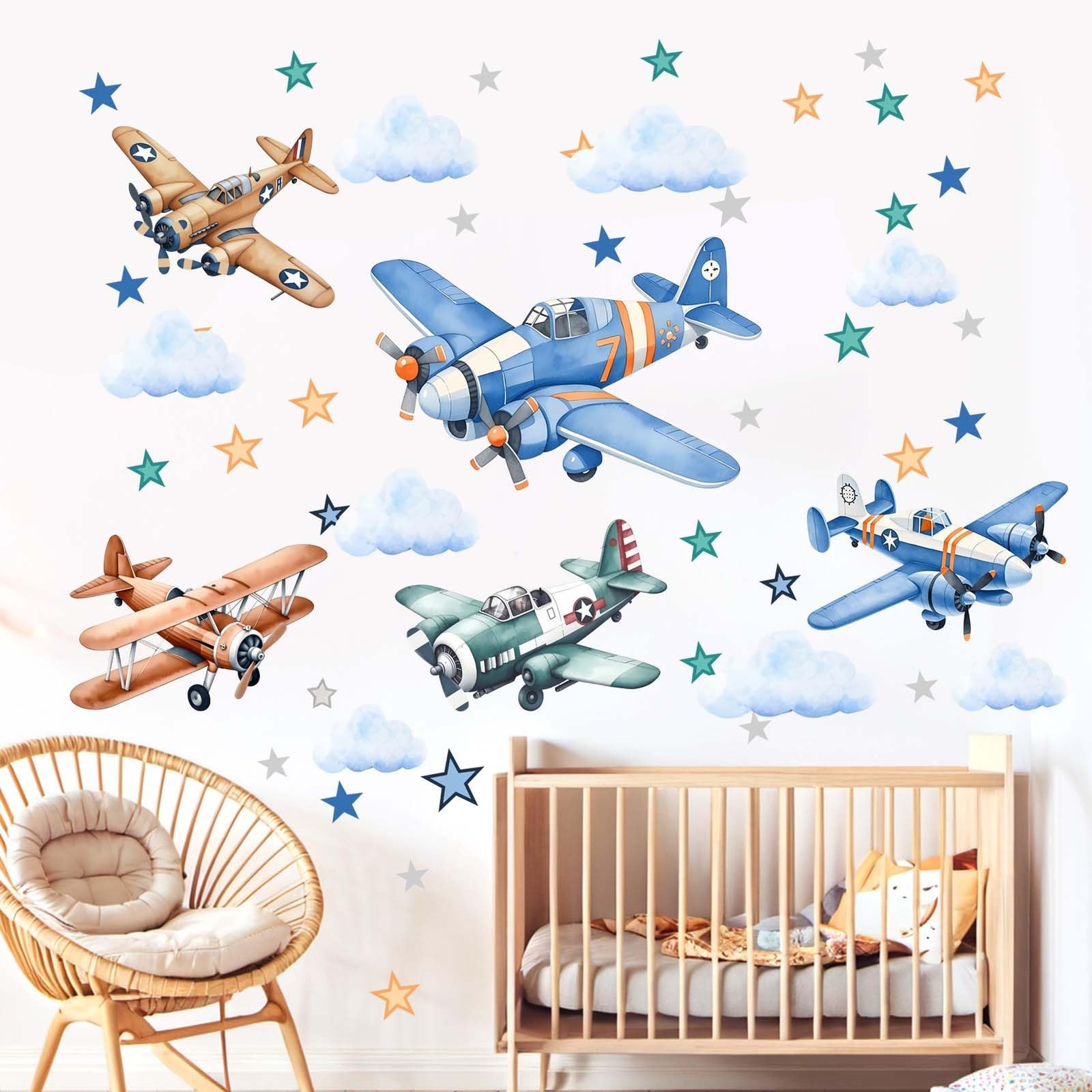 Airplane Wall Stickers for Boys Kids: Peel and Stick Cloud Vintage