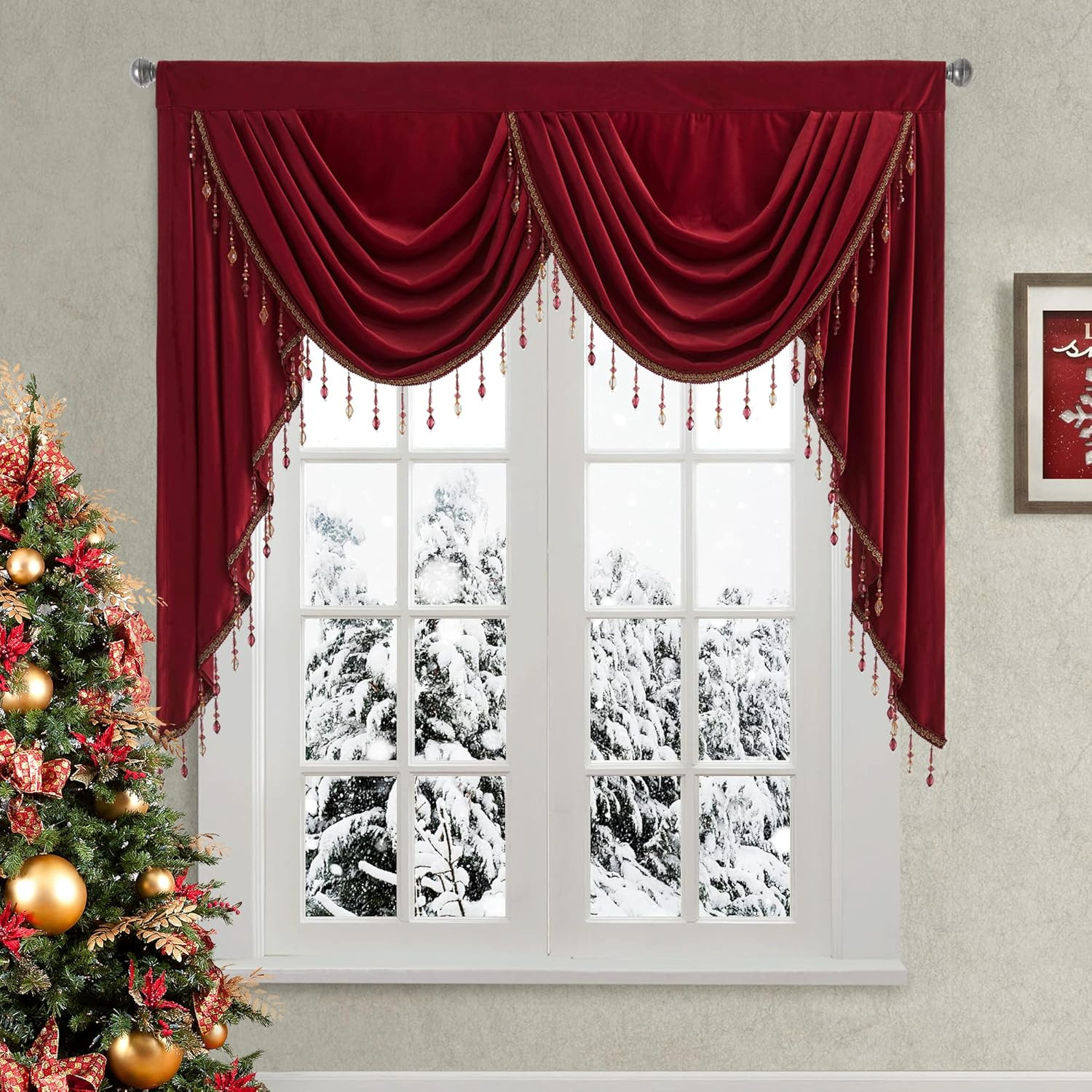 Elegant Red Velvet Valance Curtains with Beads, 59″ for Home Decor