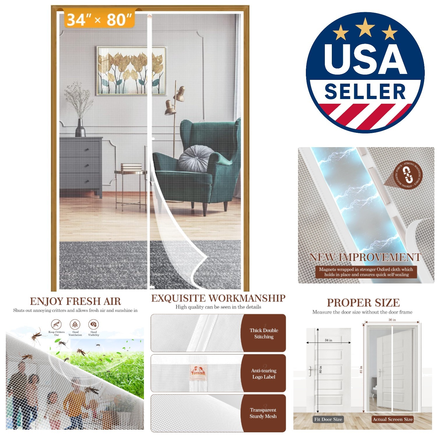 Windproof Magnetic Screen Door, Fits 34″ x 80″—Quick Install for Family & Pets!