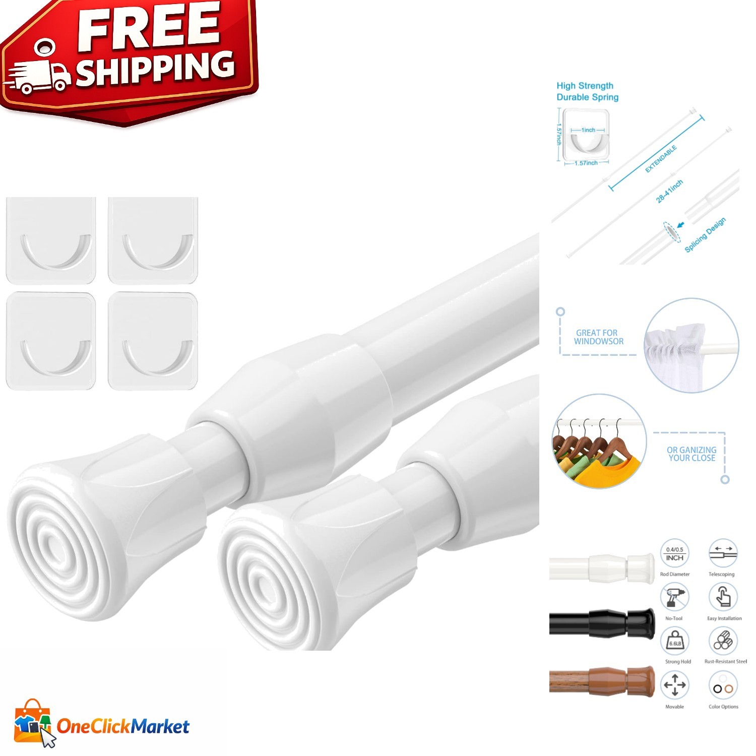 Durable White Iron Spring Tension Rods for Curtains – 27″ to 37″ (Set of 2)