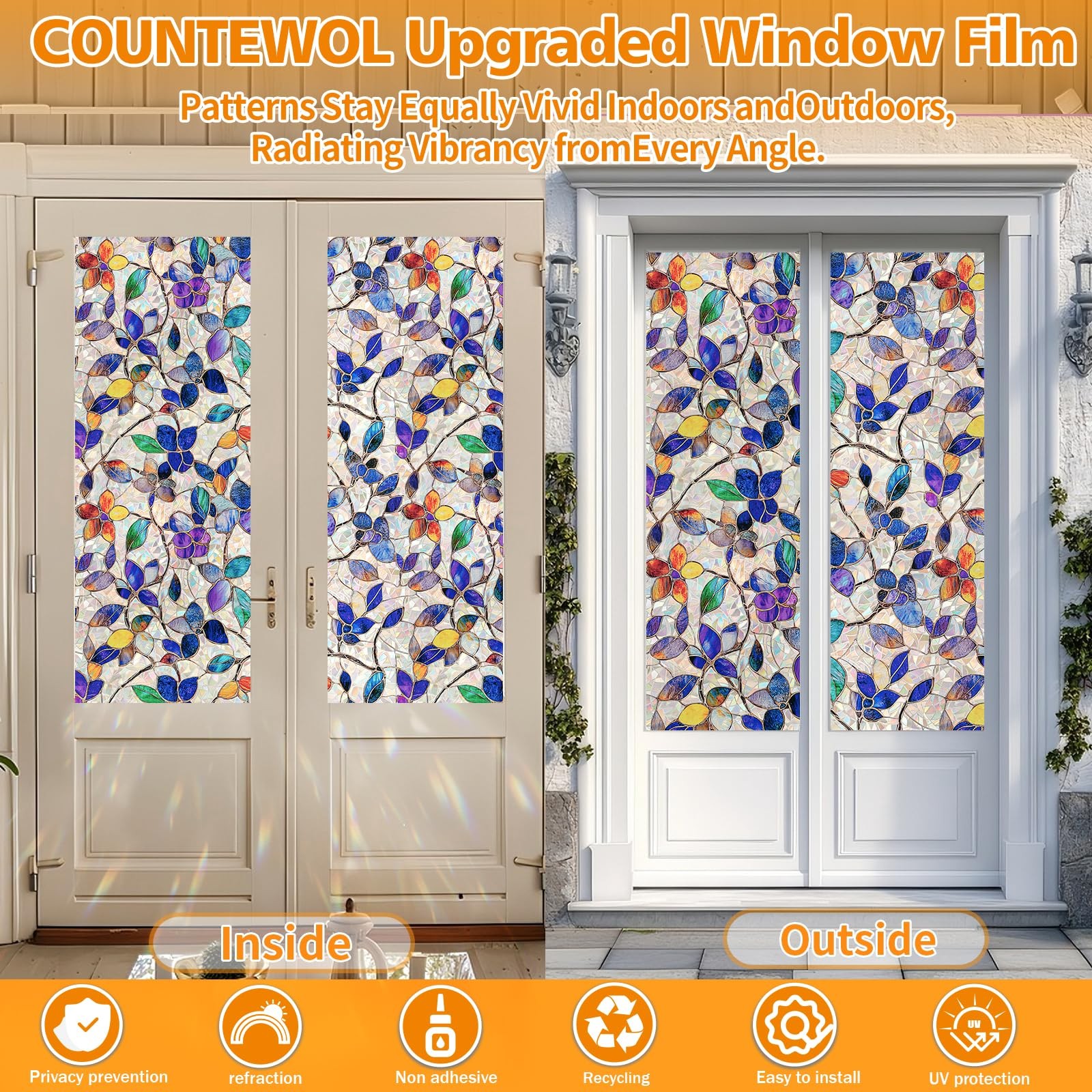 Colored Glass Window Film Decorative Leaf Privacy Static Cling 17.5 x 78.7in