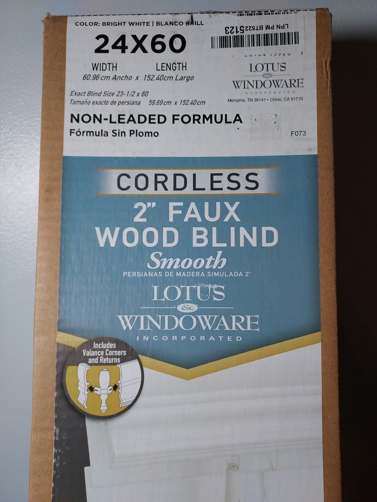 Lotus & Windoware Cordless, 2 Inch Faux Wood Blind, 24″ Wide x 60″ Long