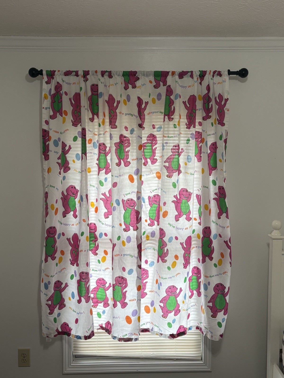1992 Barney the Dinosaur Kids Pair Curtains Rod Pocket Vintage 66”x 41”