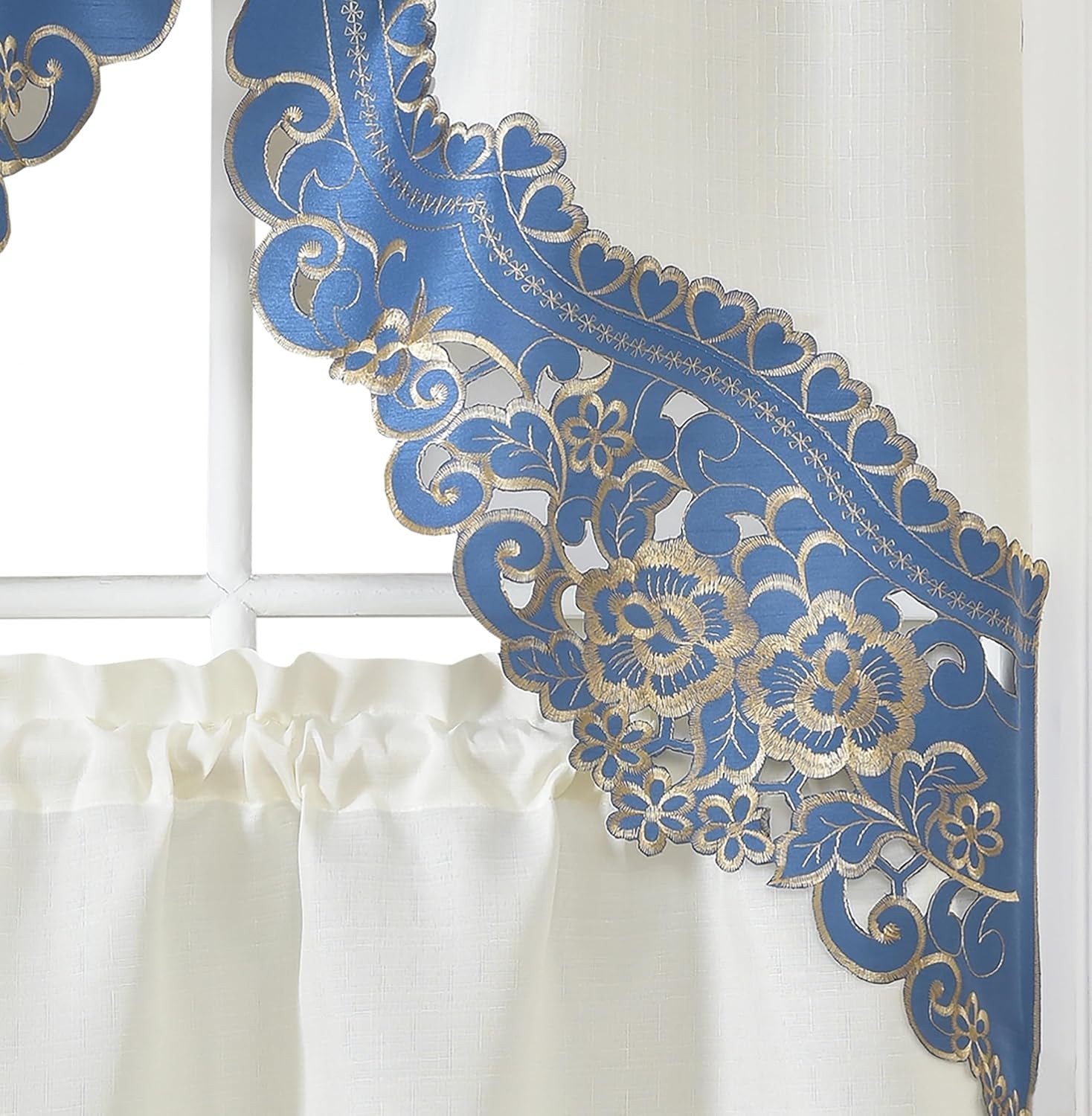 GOHD Arch Rosarium 3pcs Kitchen Curtain Set, Elegant Ivory Fabric with Rose Embr