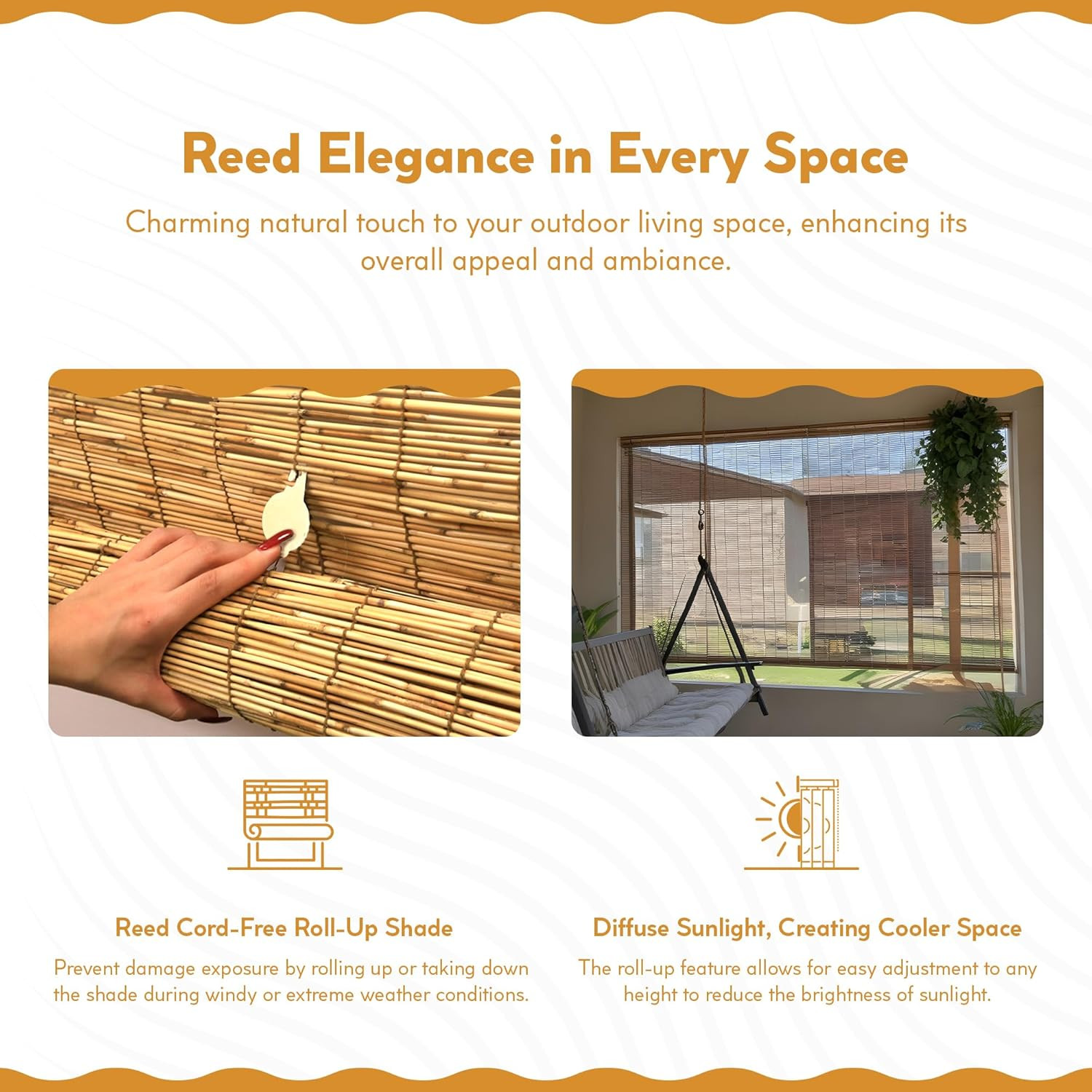 Cordless Waterproof Bamboo Blinds – Indoor/Outdoor Roll-Up Shades 72″x72