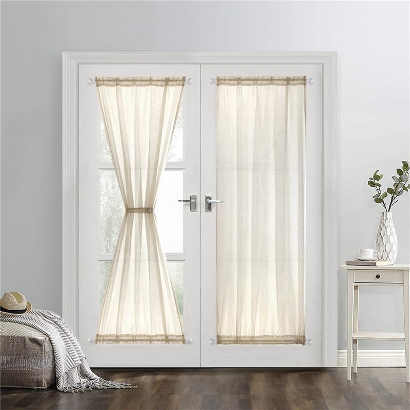 2Panels 39x63in French Door Curtains Faux Linen Sheer Drapes, Including Tiebacks