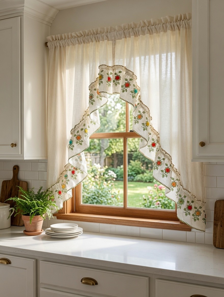 Cottage Style Kitchen Curtains | Farmhouse Window Treatment | Embroidered Swag