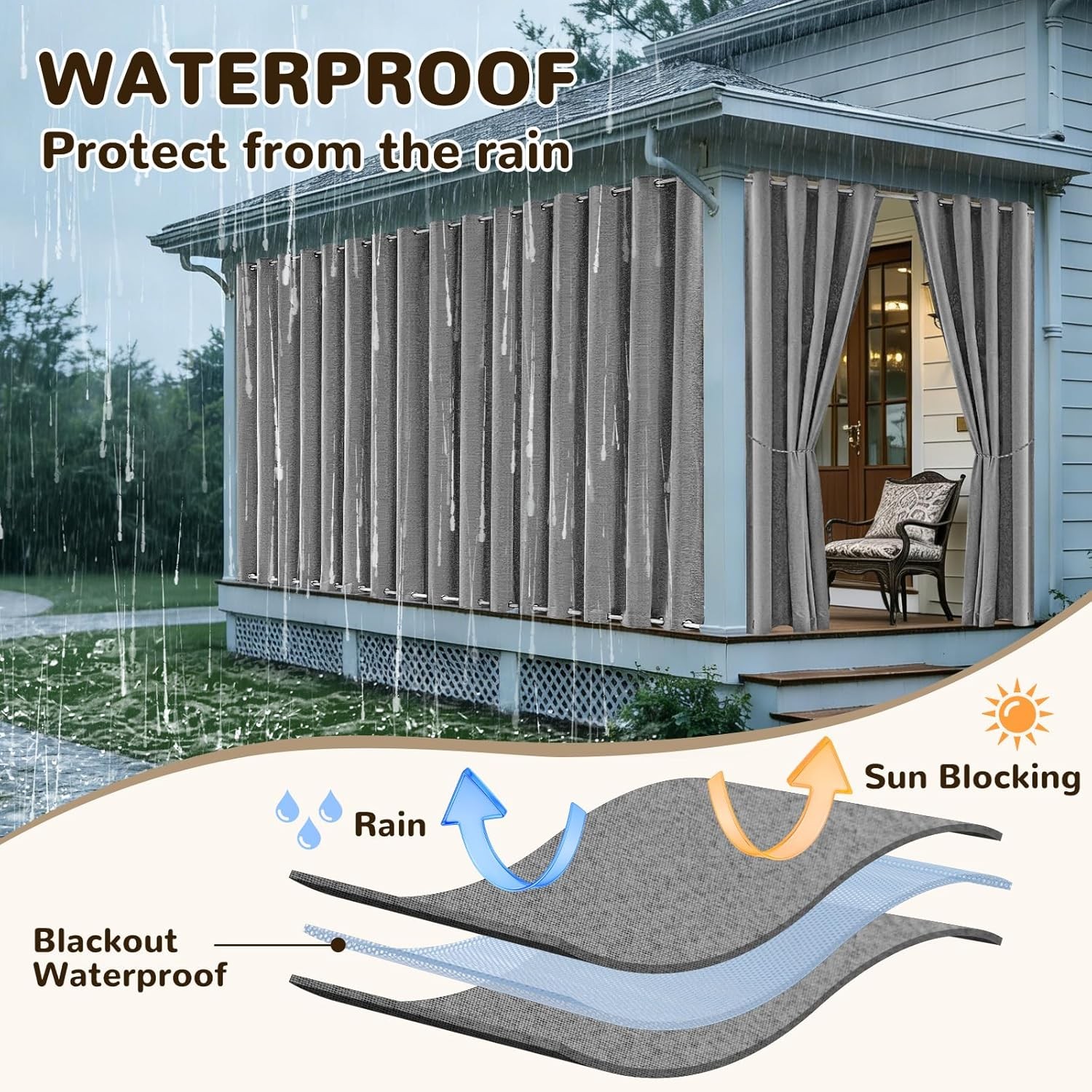 Waterproof Outdoor Linen Curtains with Zipper Windproof Privacy Drape for Gazebo