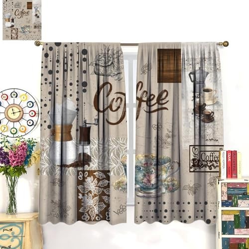 Coffee Vintage Kitchen Curtains Restaurant 20.5″W x 45″L (Pack of 2) Beige-2