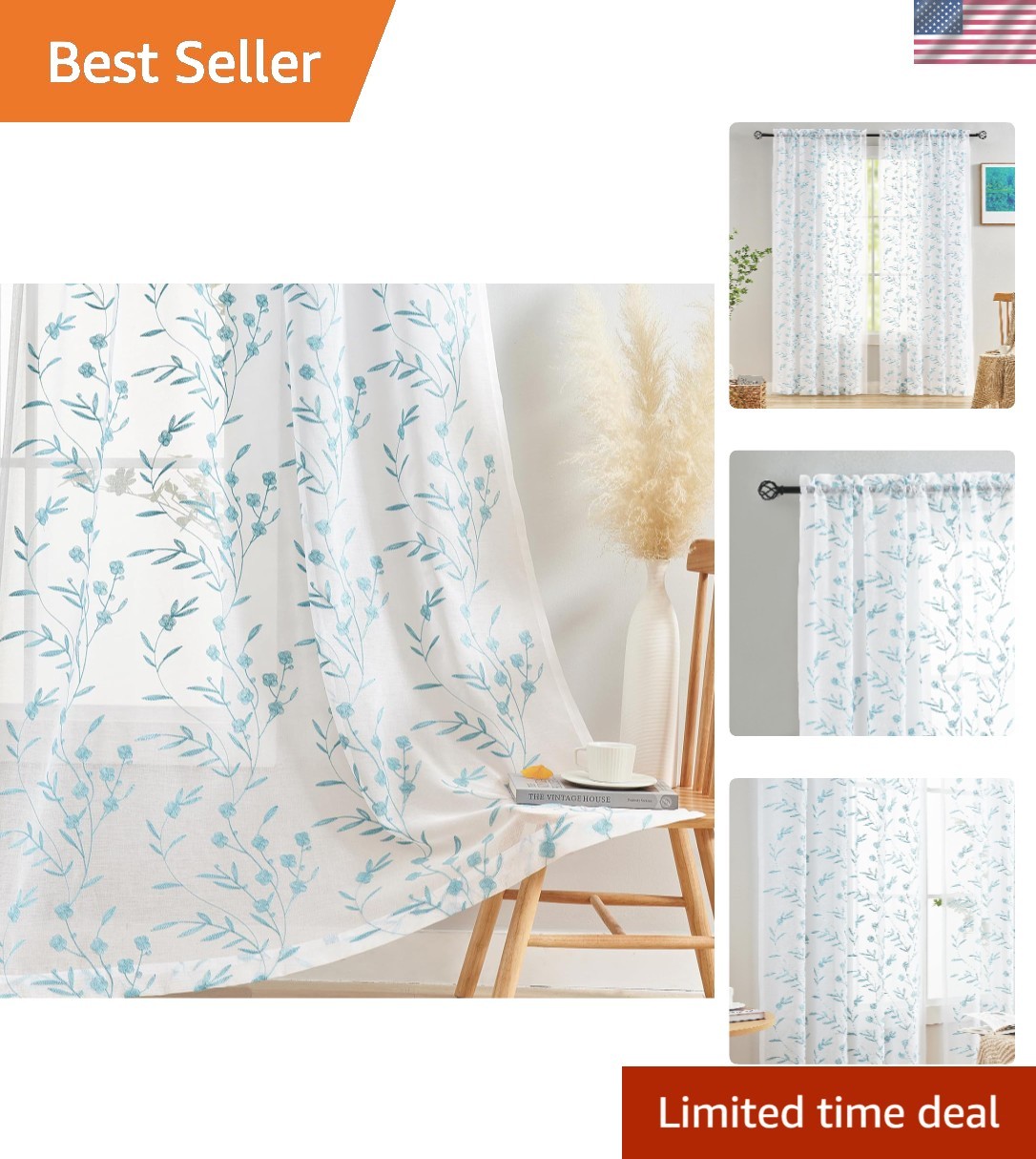 White Embroidery Sheer Curtains White-Blue 95 Inches, Floral Window Treatment…