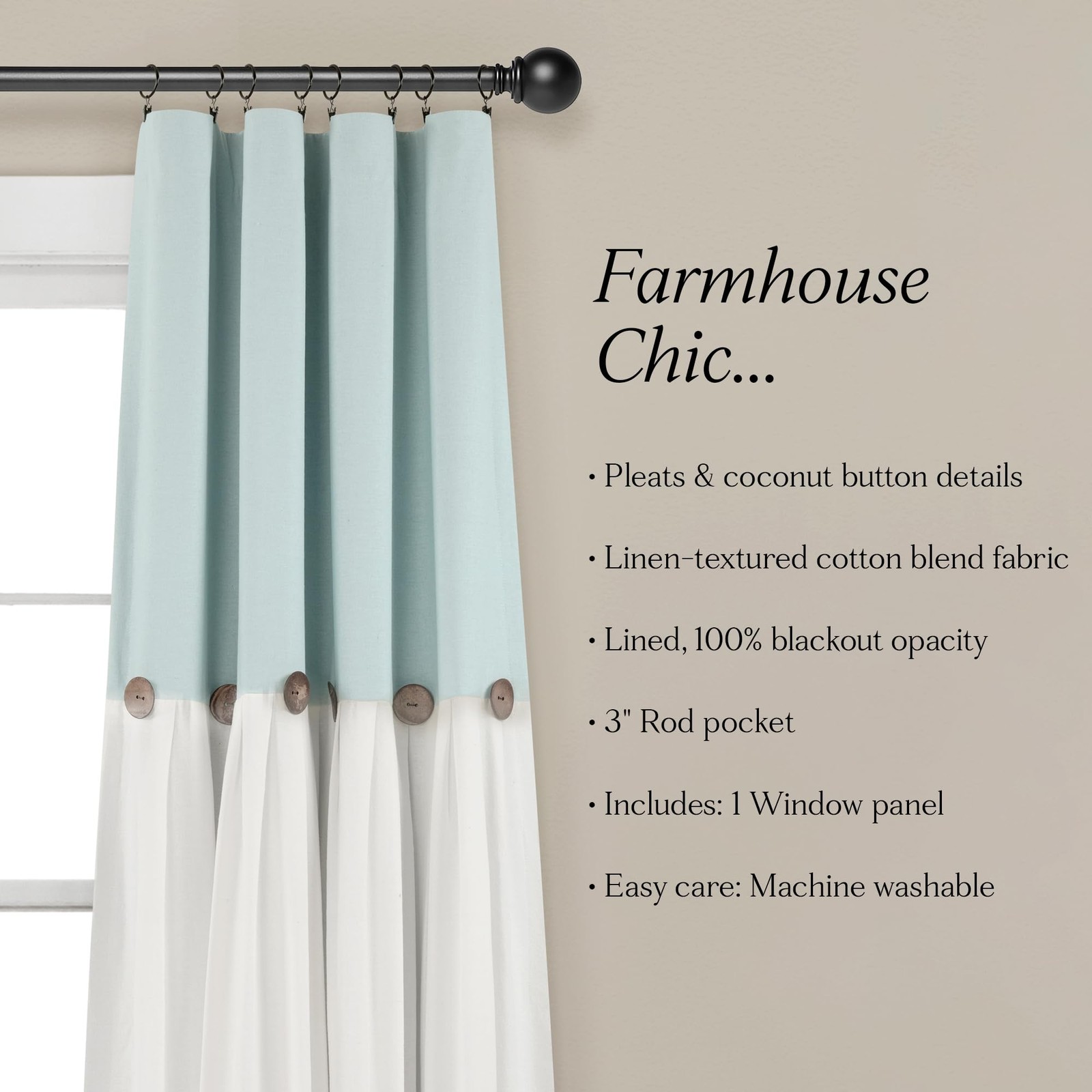Lush Decor Lush Linen Button Window Curtain Panel Single 40 W X 84 L – – –