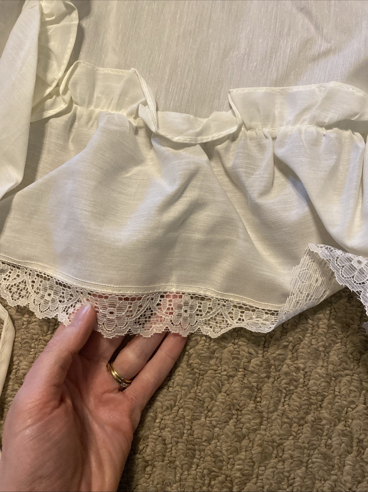 Pair Ivory Ruffled Curtains With Tie Back Bows Lace Trim 65″ Long Beautiful!
