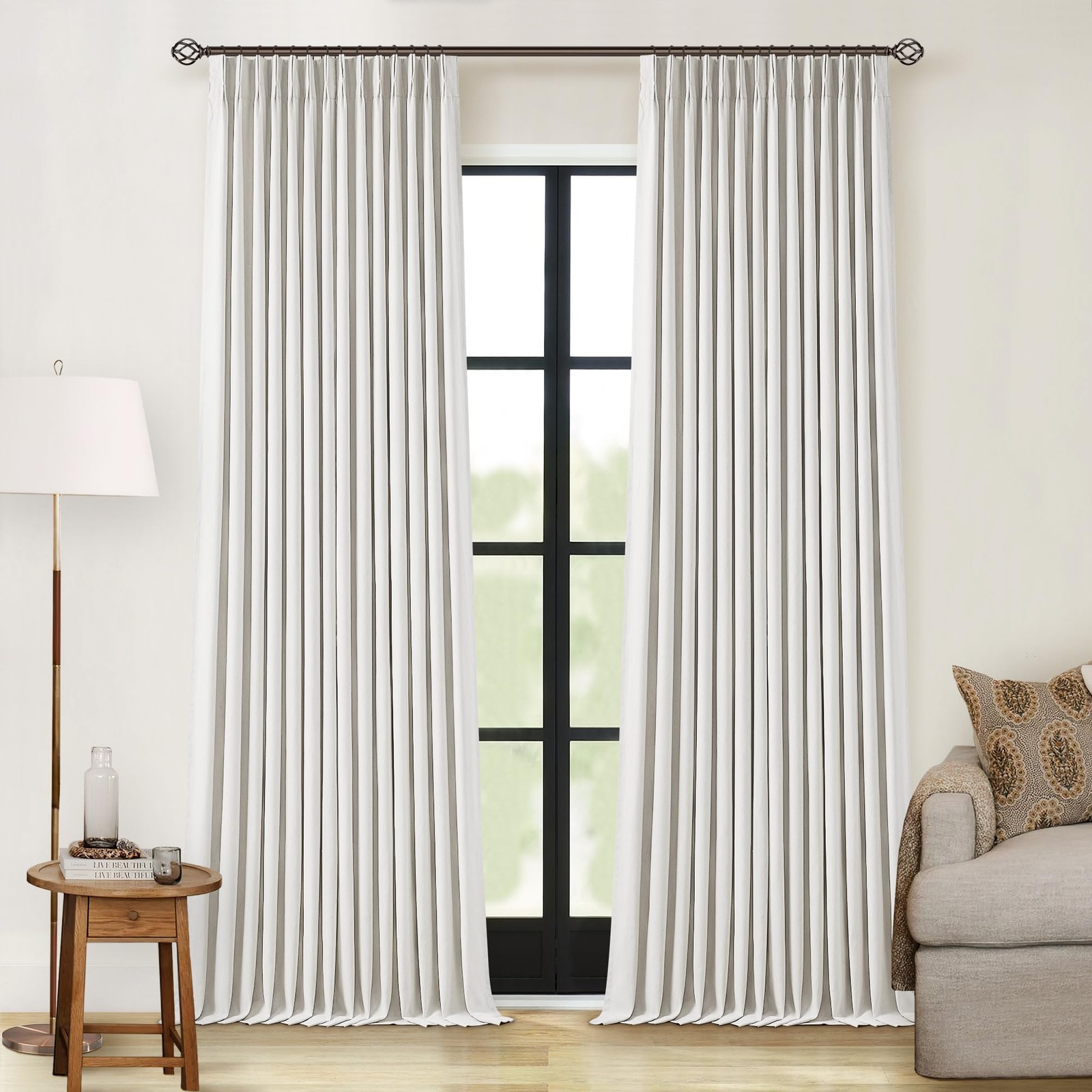 Off White Pinch Pleated 100% Blackout Curtains 102 Inches Long Linen Blend