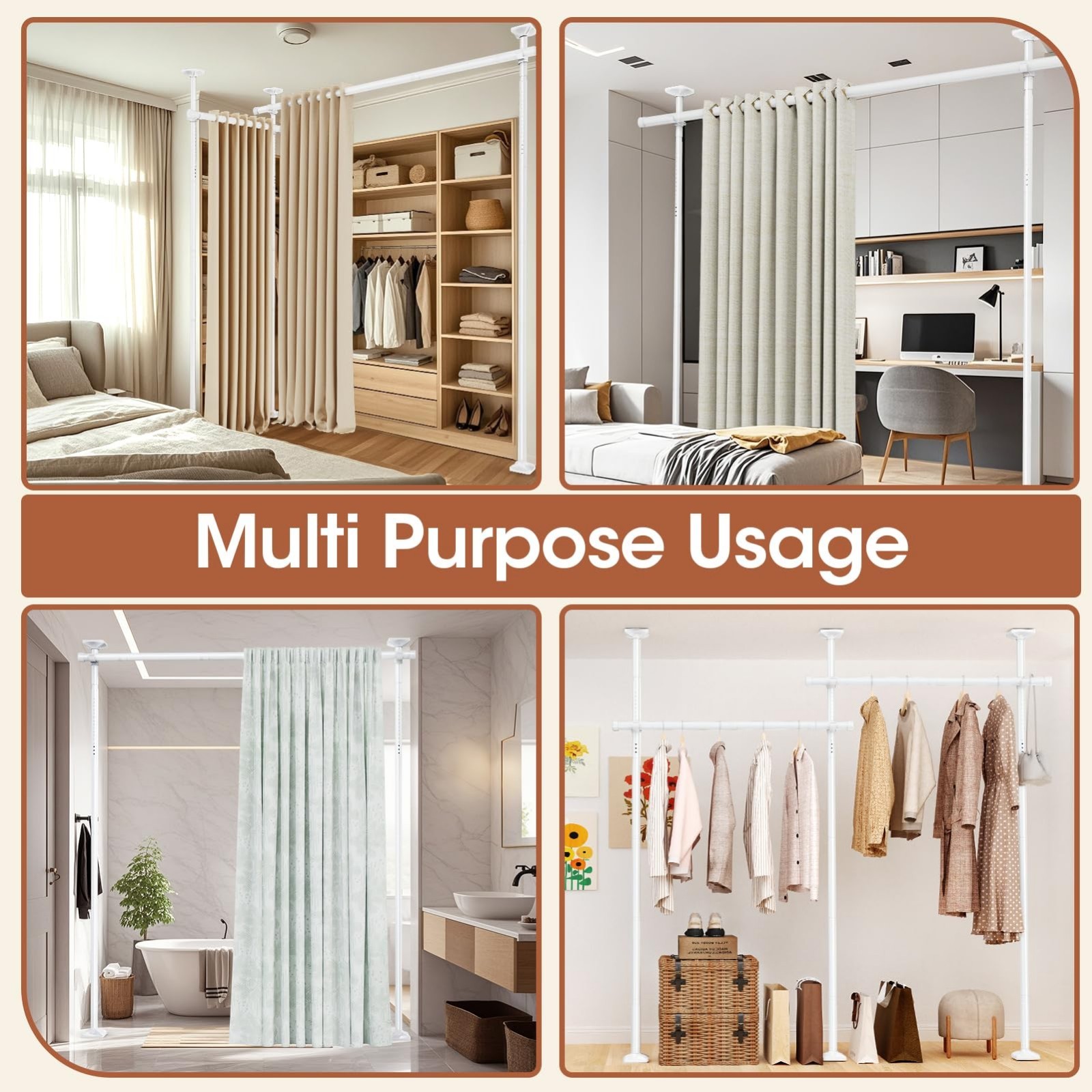 Adjustable Room Divider Curtain Rod – No Drill Wall Partition, 4-10ft Height, 28