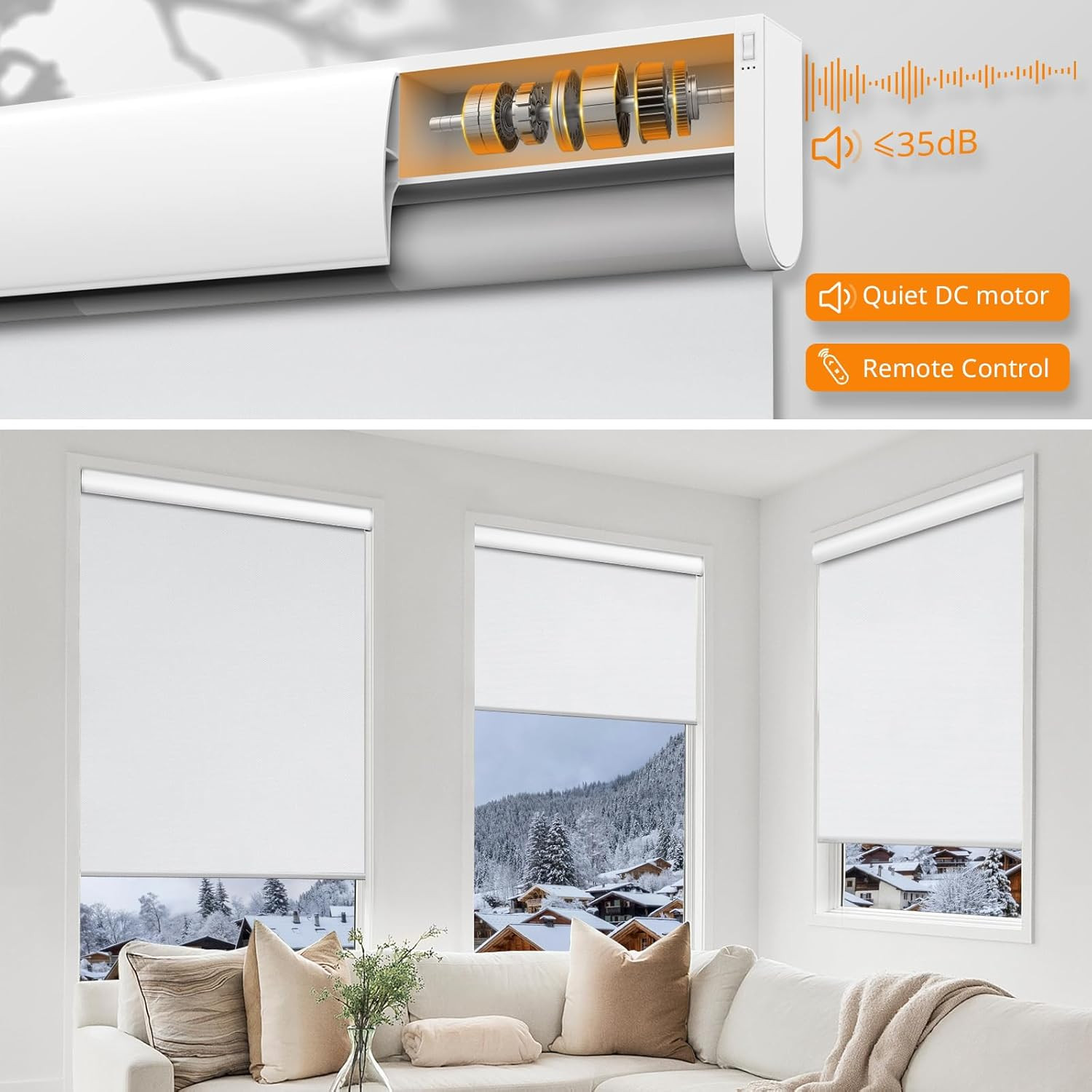 Remote-Controlled Cordless Blackout Smart Blinds, 46″ W x 72″ H, White