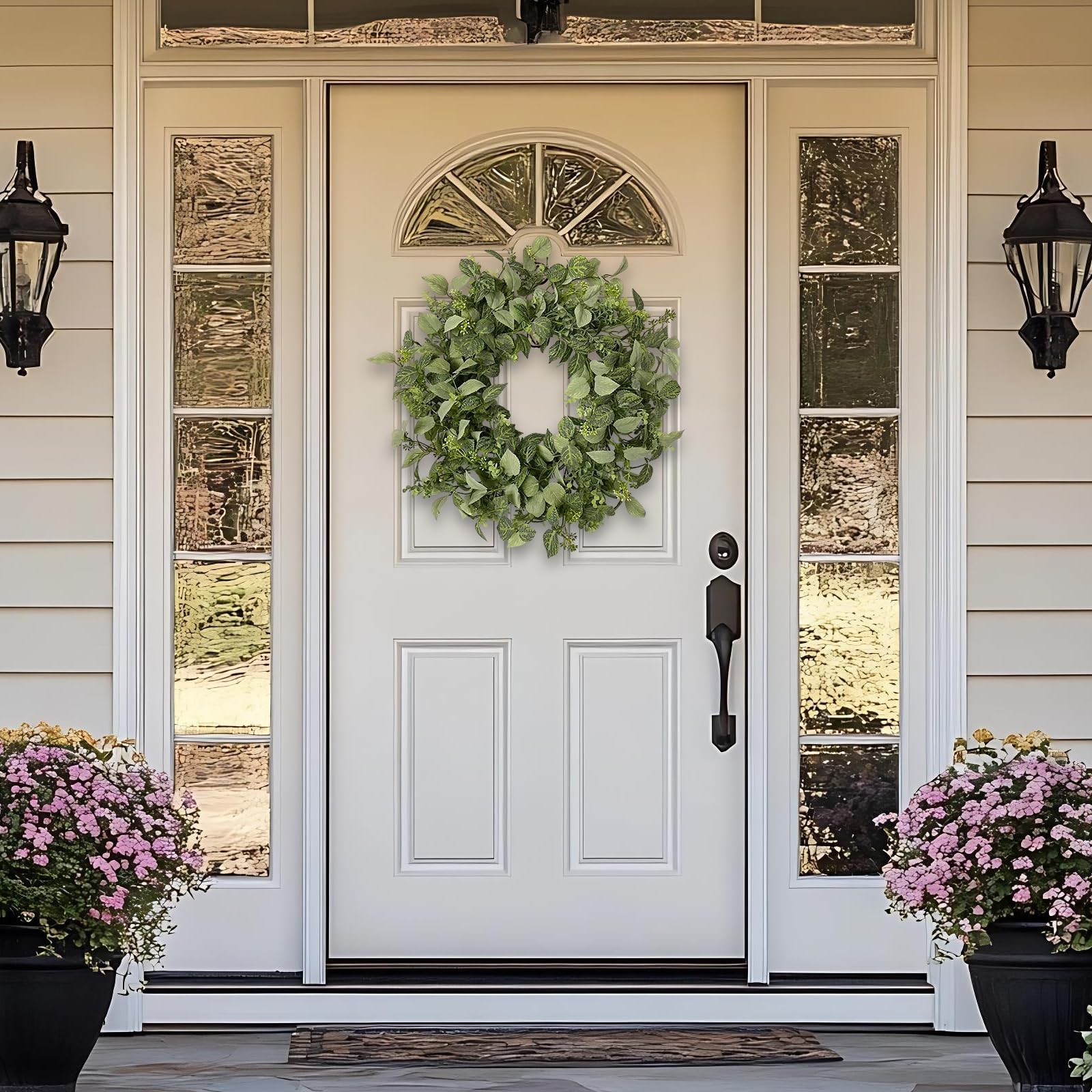 wwmira 22 Inch Textured Eucalyptus Leaves Wreath, Realistic Spring Green