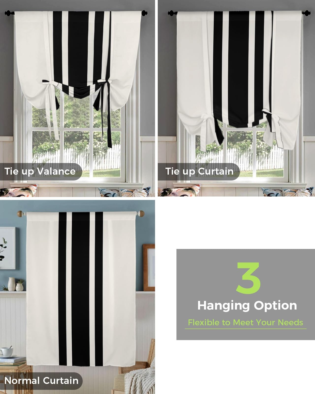Curtains Balloon Window Shade Christmas Black and White Stripe Rustic Farmhou…