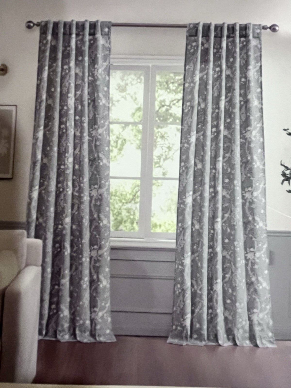 NWT LAURA ASHLEY GRAY PEACOCK AND FLORAL DESIGN CURTAINS/DRAPES SIZE 38”x 96”