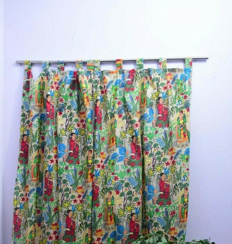 Frida Kahlo Print Curtains Set Of Two Panel Cotton Boho Decor, Housewarming Gift