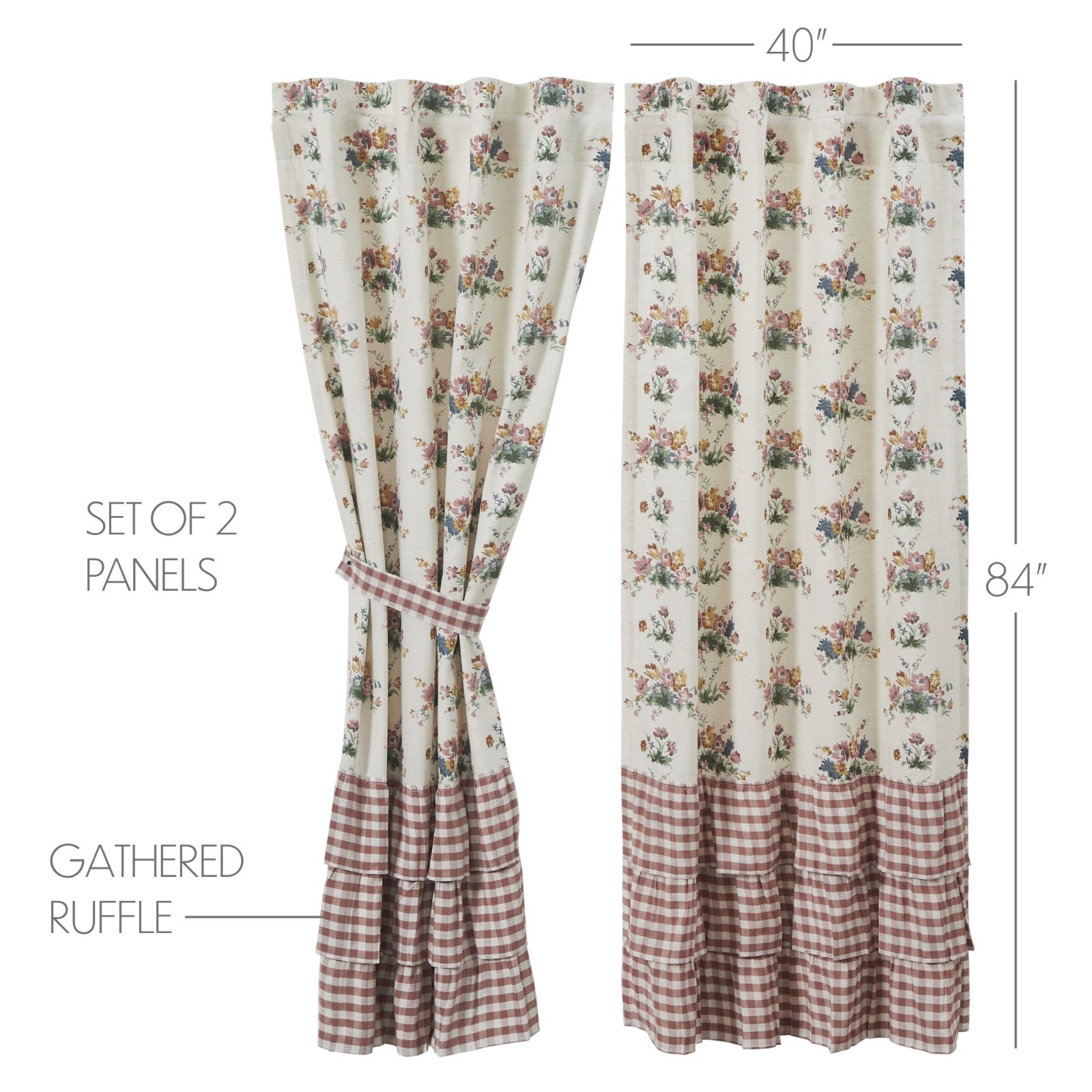 VHC Rosehill Cottage Floral & Gingham Ruffled Cotton Curtain Panel Set 84×40