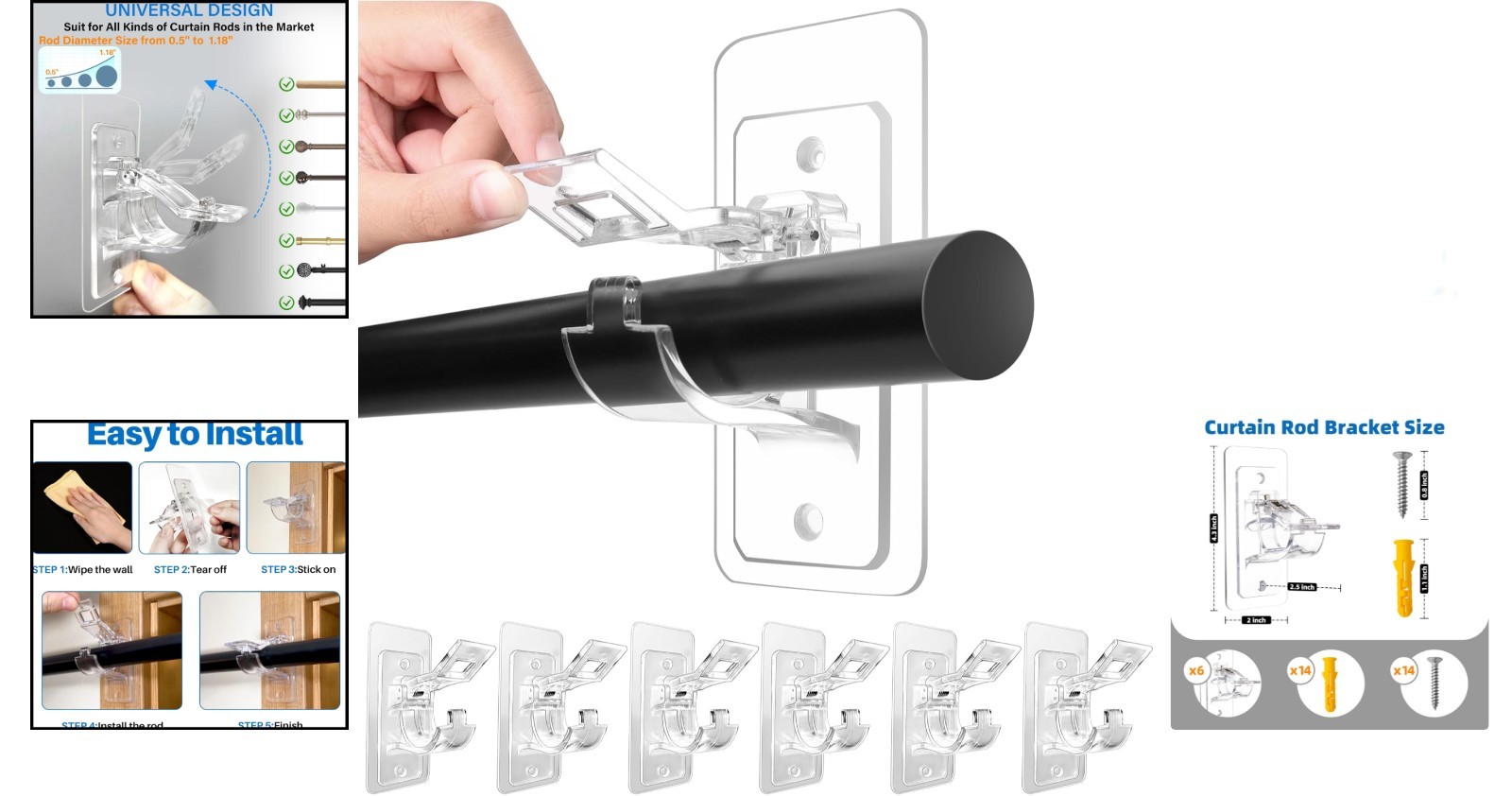 Multipurpose Adhesive Curtain Rod Holders – 6 Pack for Easy, No Damage Setup