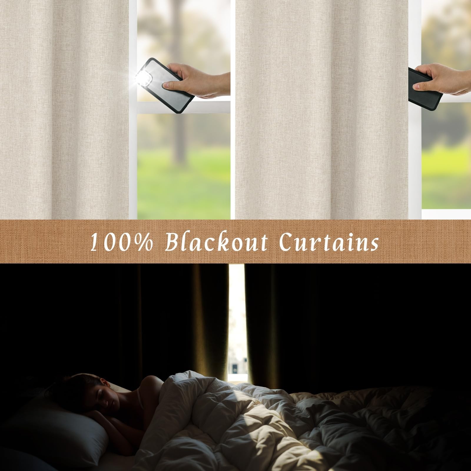 100% Blackout Linen Kitchen Curtains, 36″ Back Tab Rod Pocket Drapes, 2 Panels,