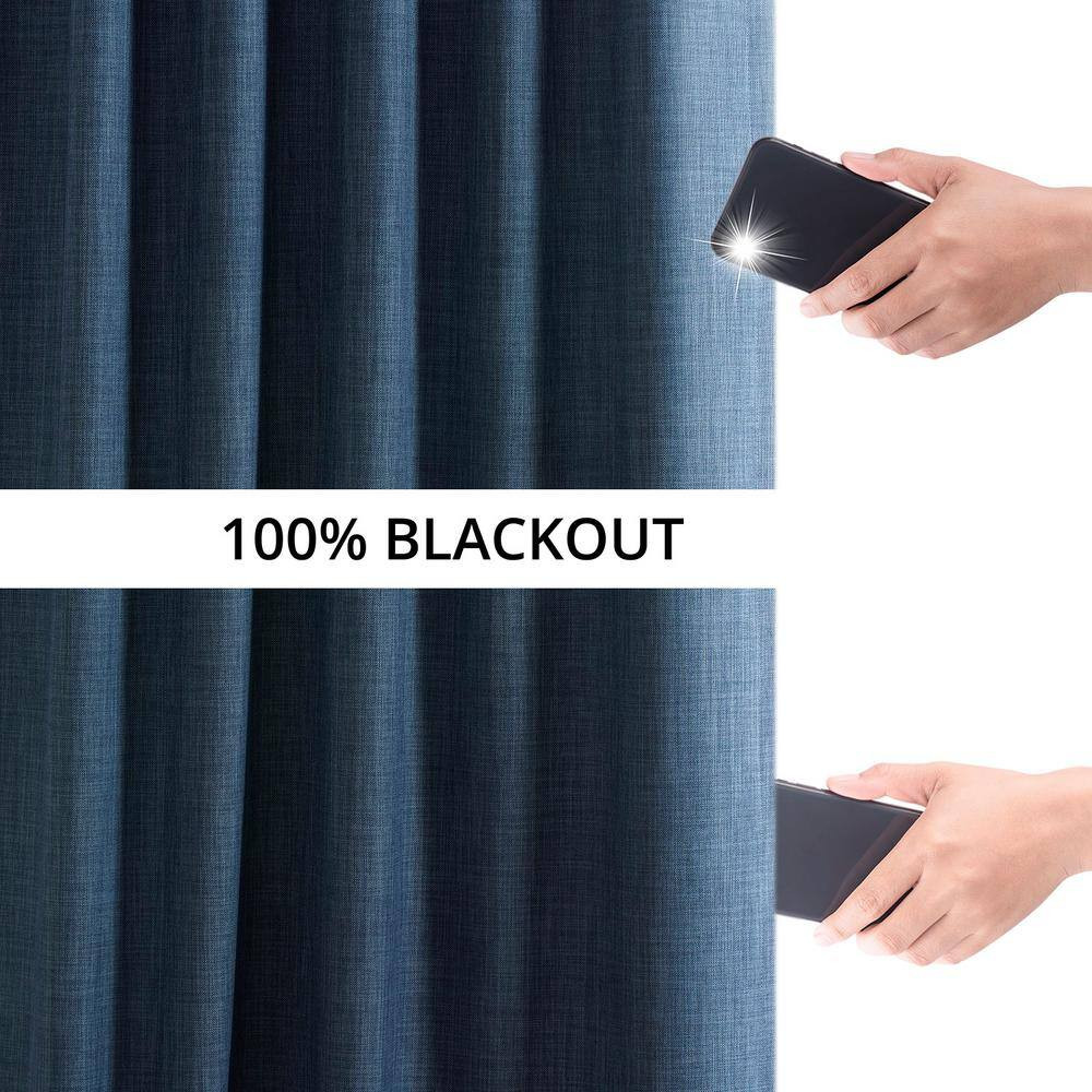 Dark Blue Performance Linen 50 In. W X 96 In. L Rod Pocket Hotel Blackout Curtai