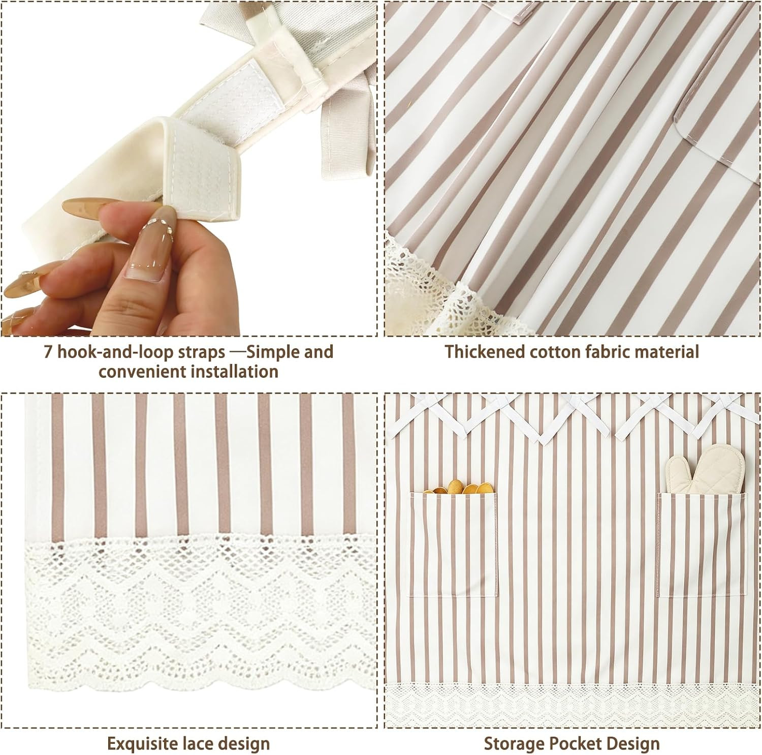 Oven Curtain Skirt – Hook and Loop Straps Stove Curtain with Pockets Stripe Oven