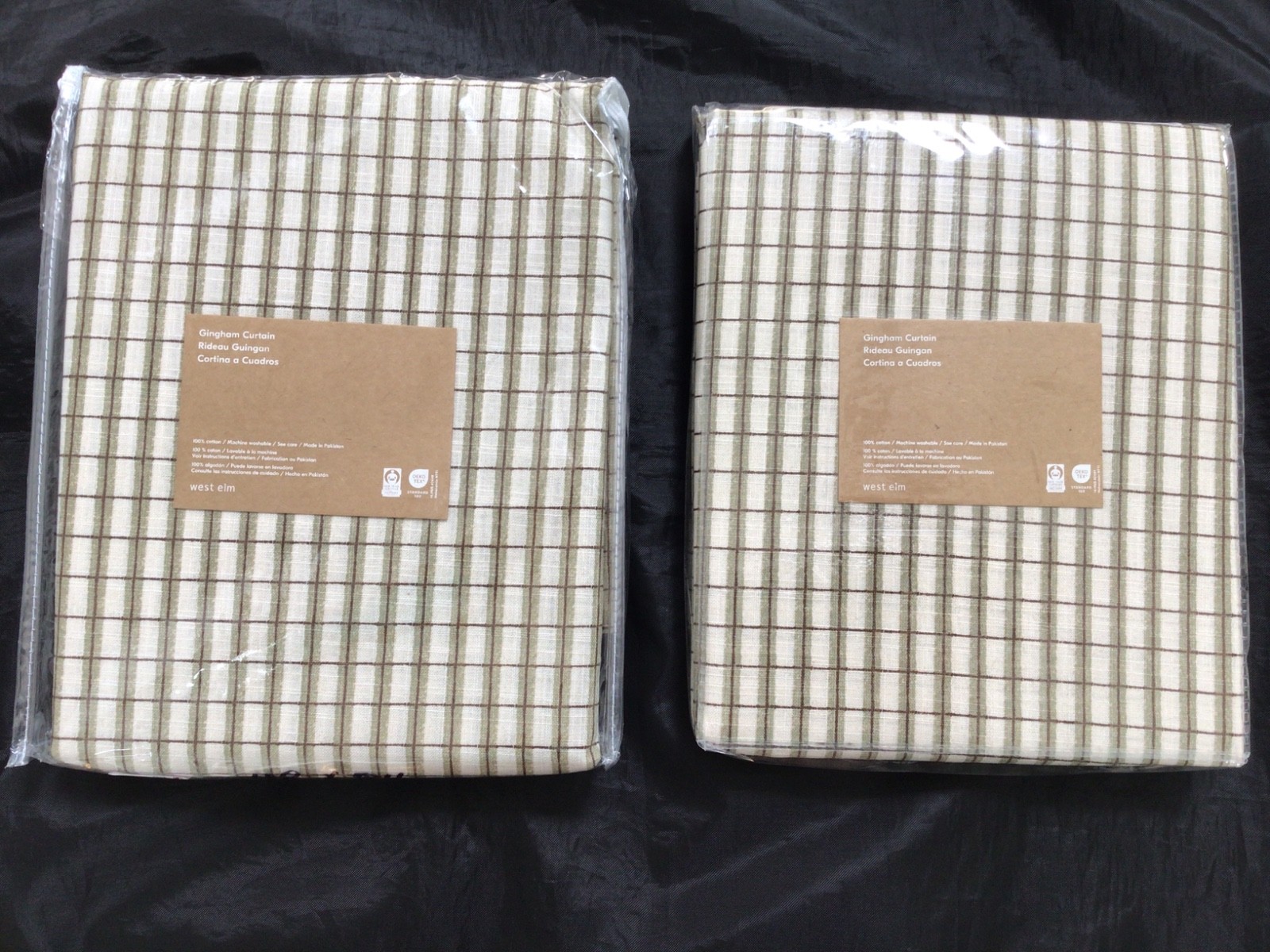 2 WEST ELM GINGHAM CURTAINS 48” x 84” DARK OLIVE NEW