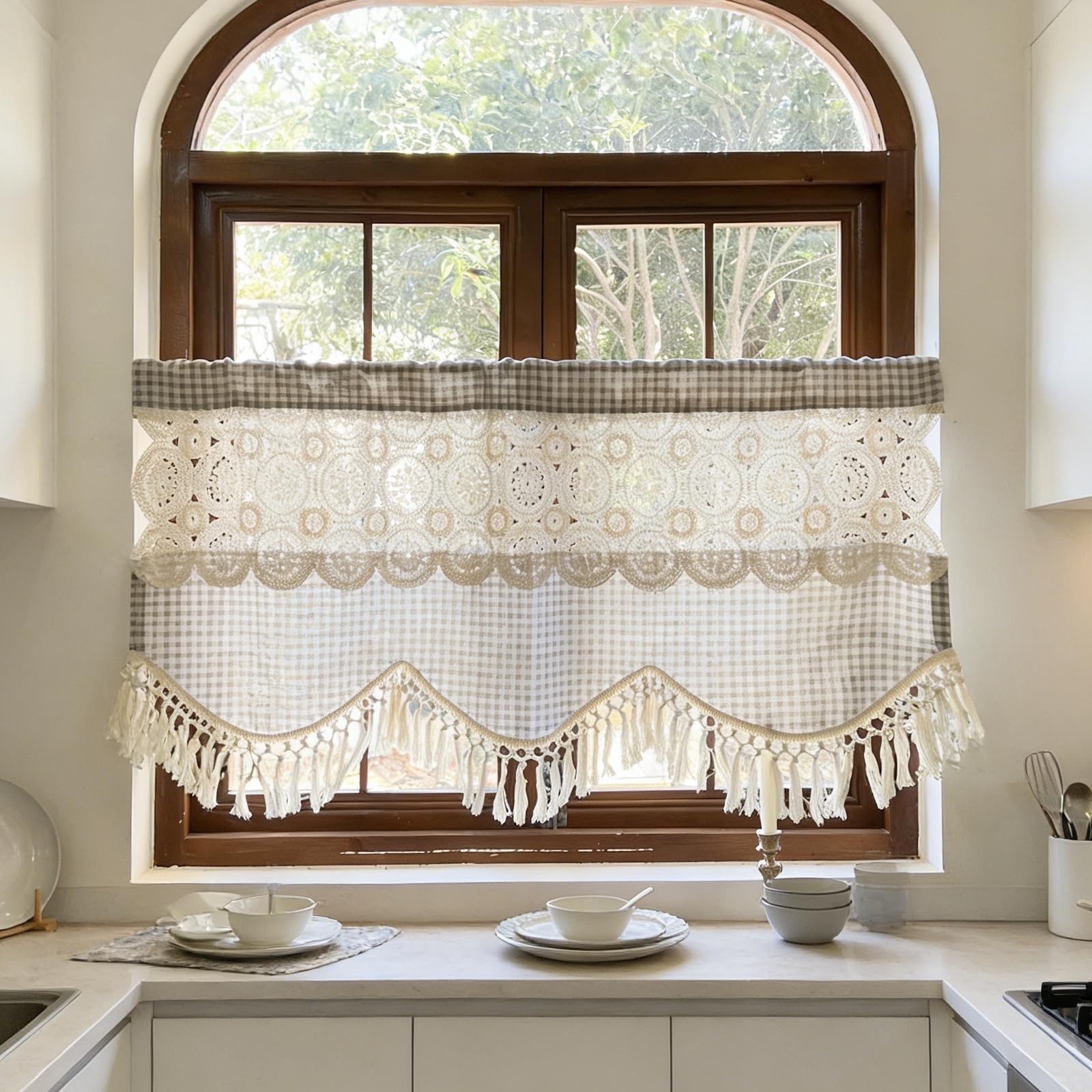 Boho Macrame Linen Knitted Lace Curtain Valance for Window Kitchen