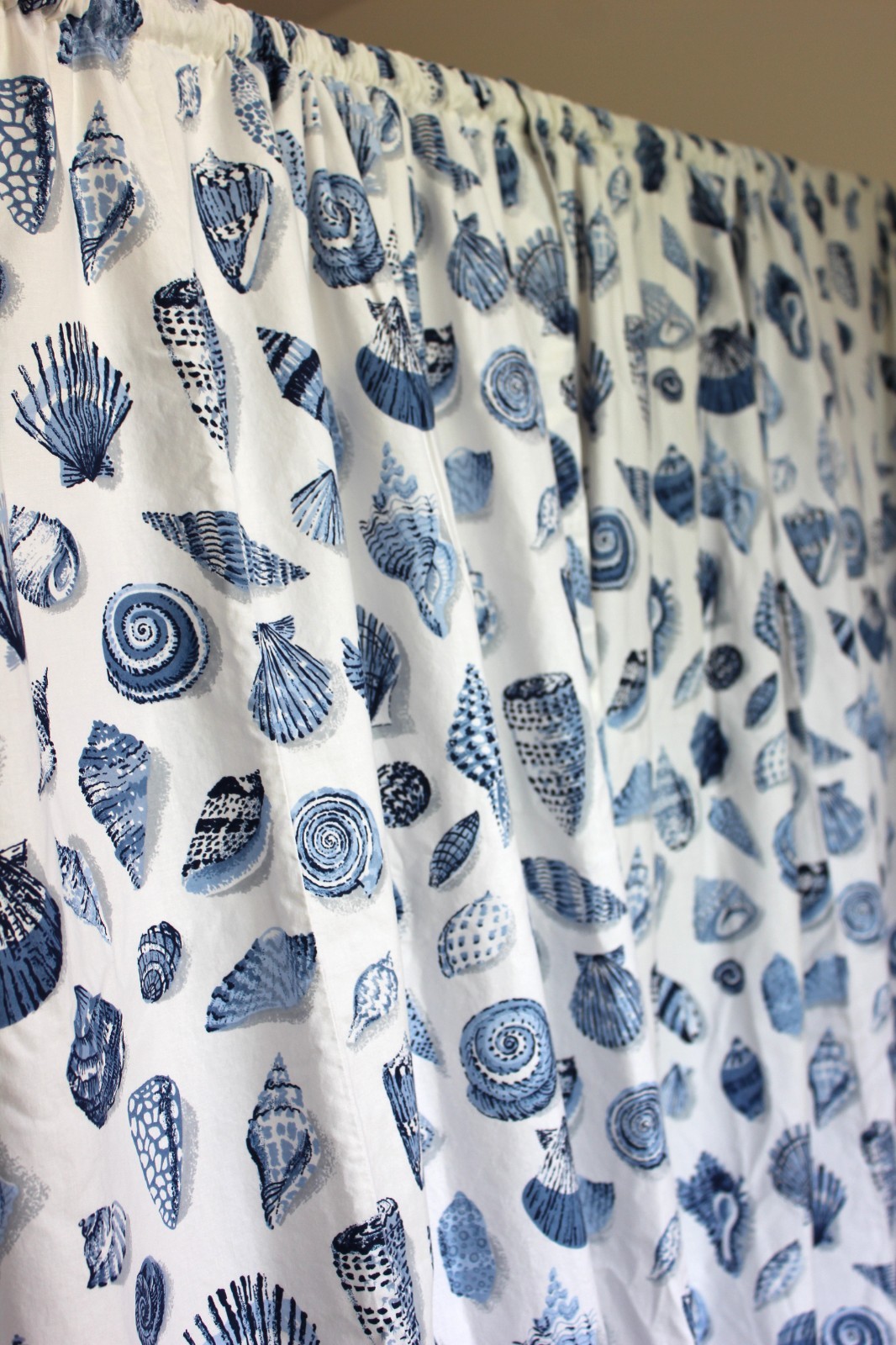 Custom Curtains Blue White Seashell Toile Vtg 3-Pc Drapery Set Beachcomber