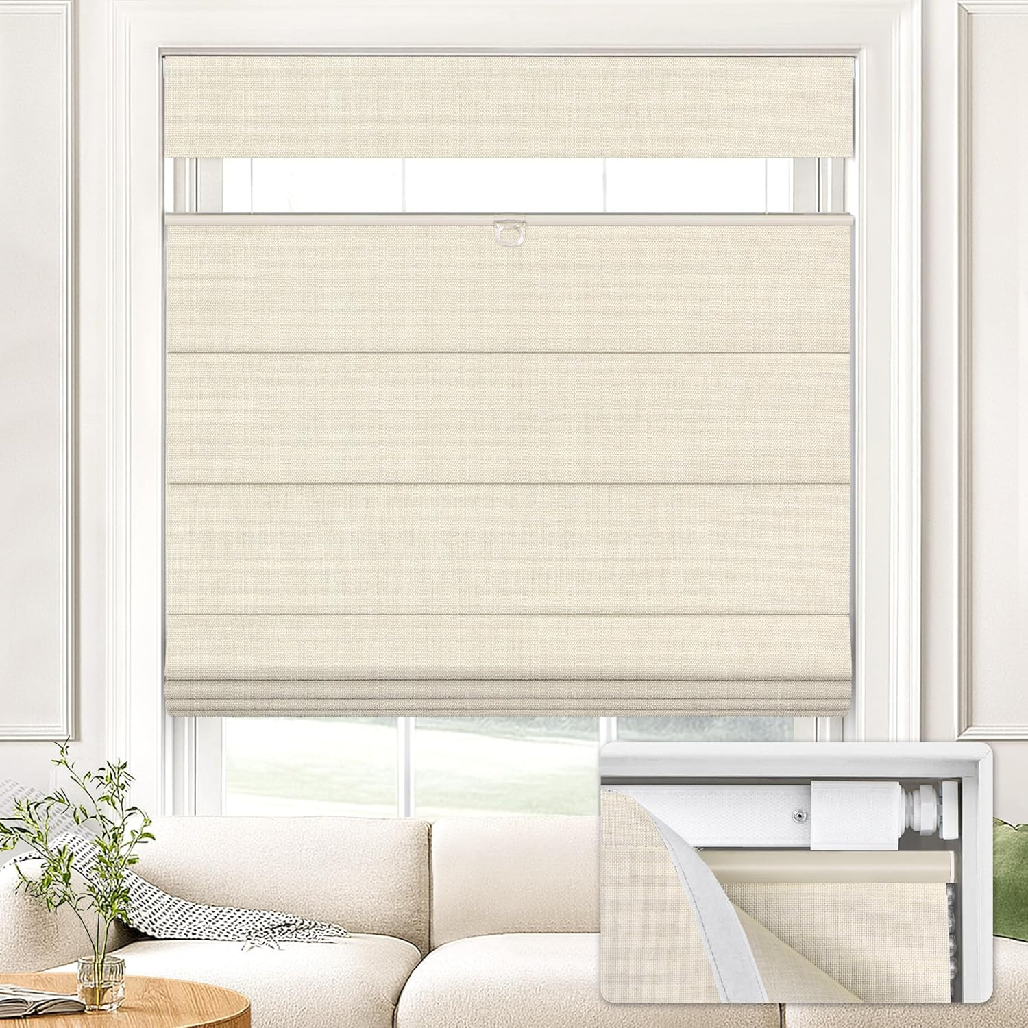 Beige No Drill Top Down Bottom Up Roman Shades 39″W x 64″H for Windows