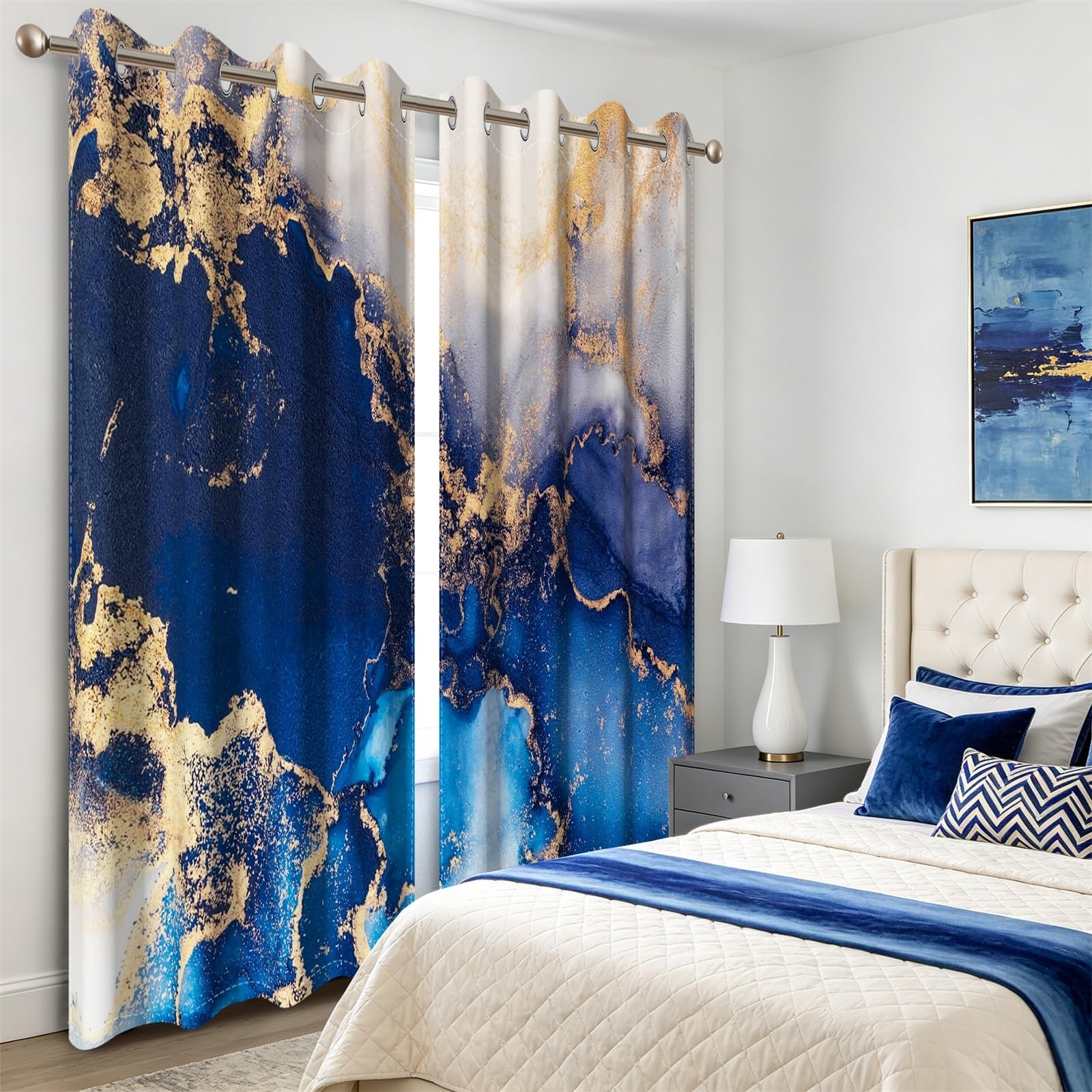 Baocicco Blue And Gold Marble Window Curtains Gold Texture Print Blackout