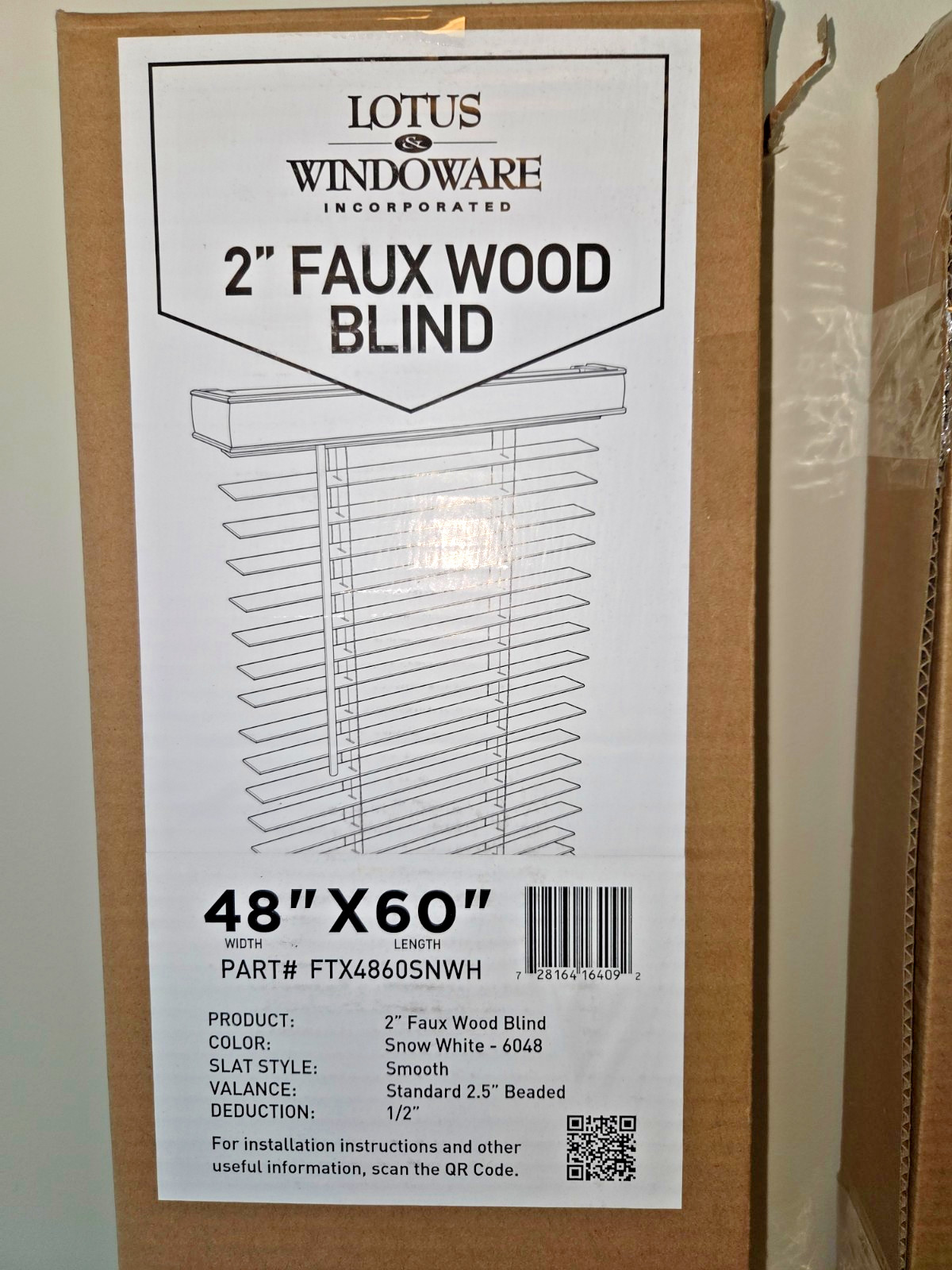 LOTUS & WINDOWARE CORDLESS 2″ FAUX WOOD BLIND 48″ WIDE x 60″ LONG – WHITE