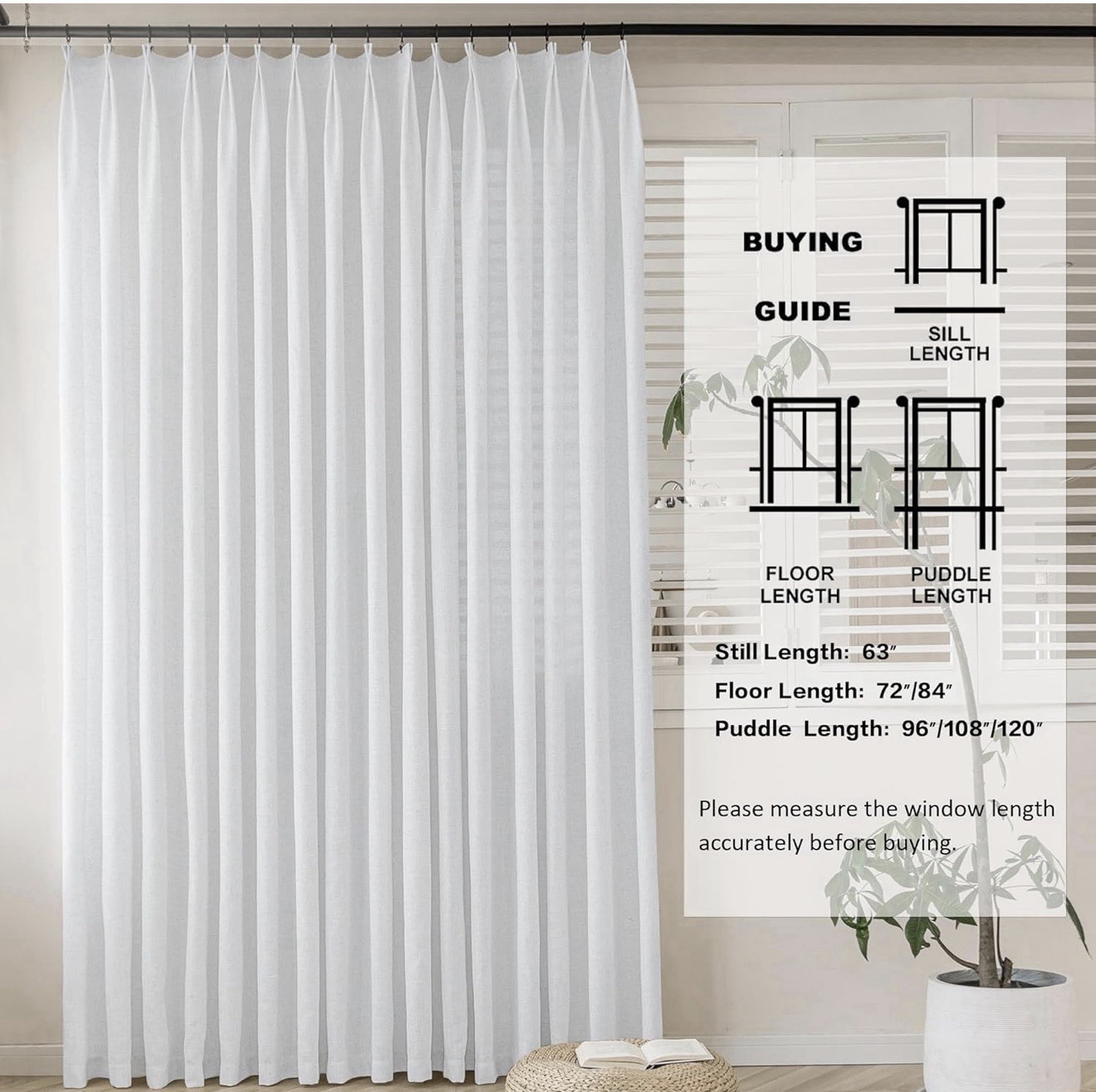 MAIHER White Extra Wide Pinch Pleated Curtains 96” L x 100”W