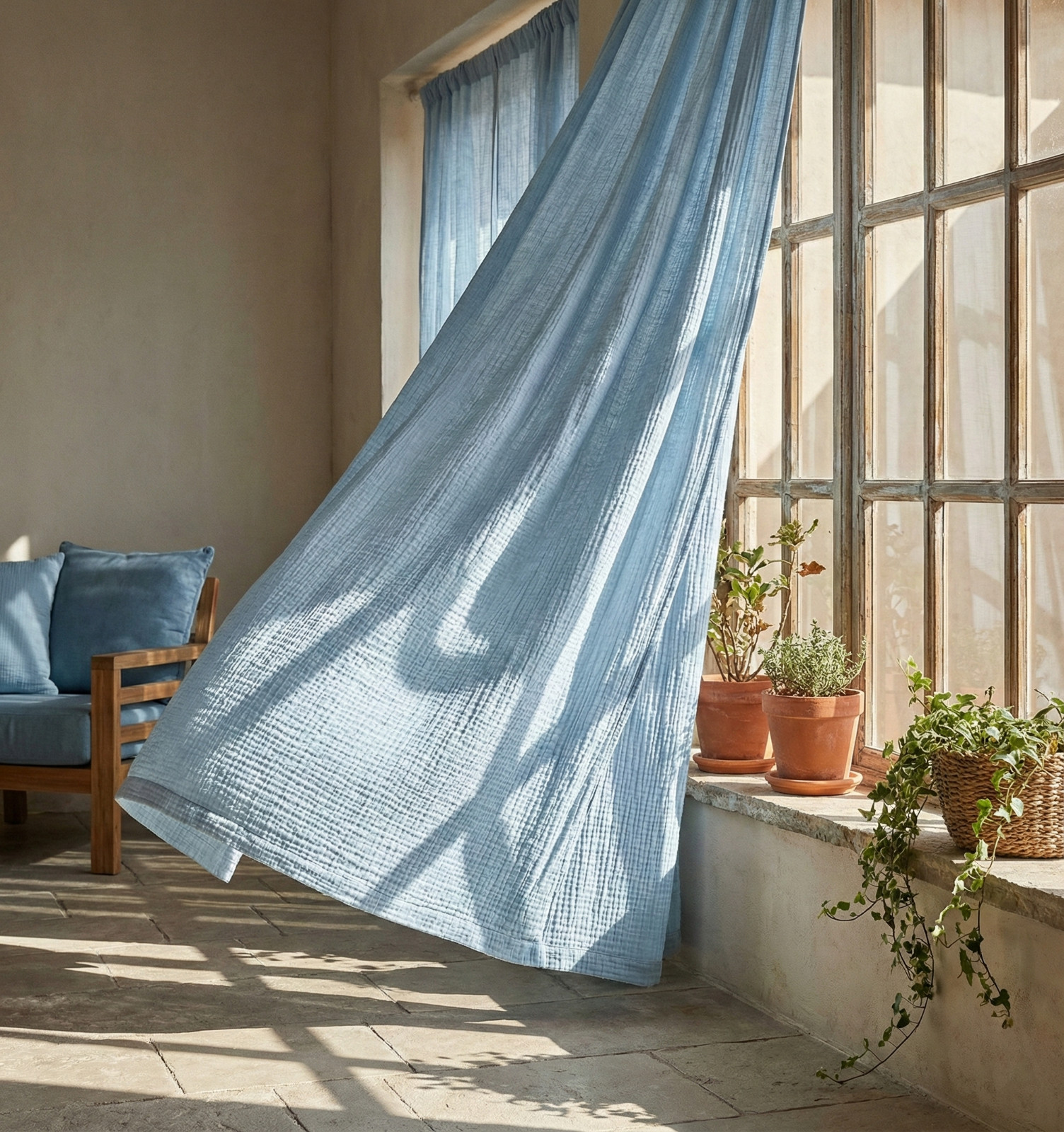 Powder Blue Crinkled Muslin Window Curtain – One Panel, Home Living Room Drapes