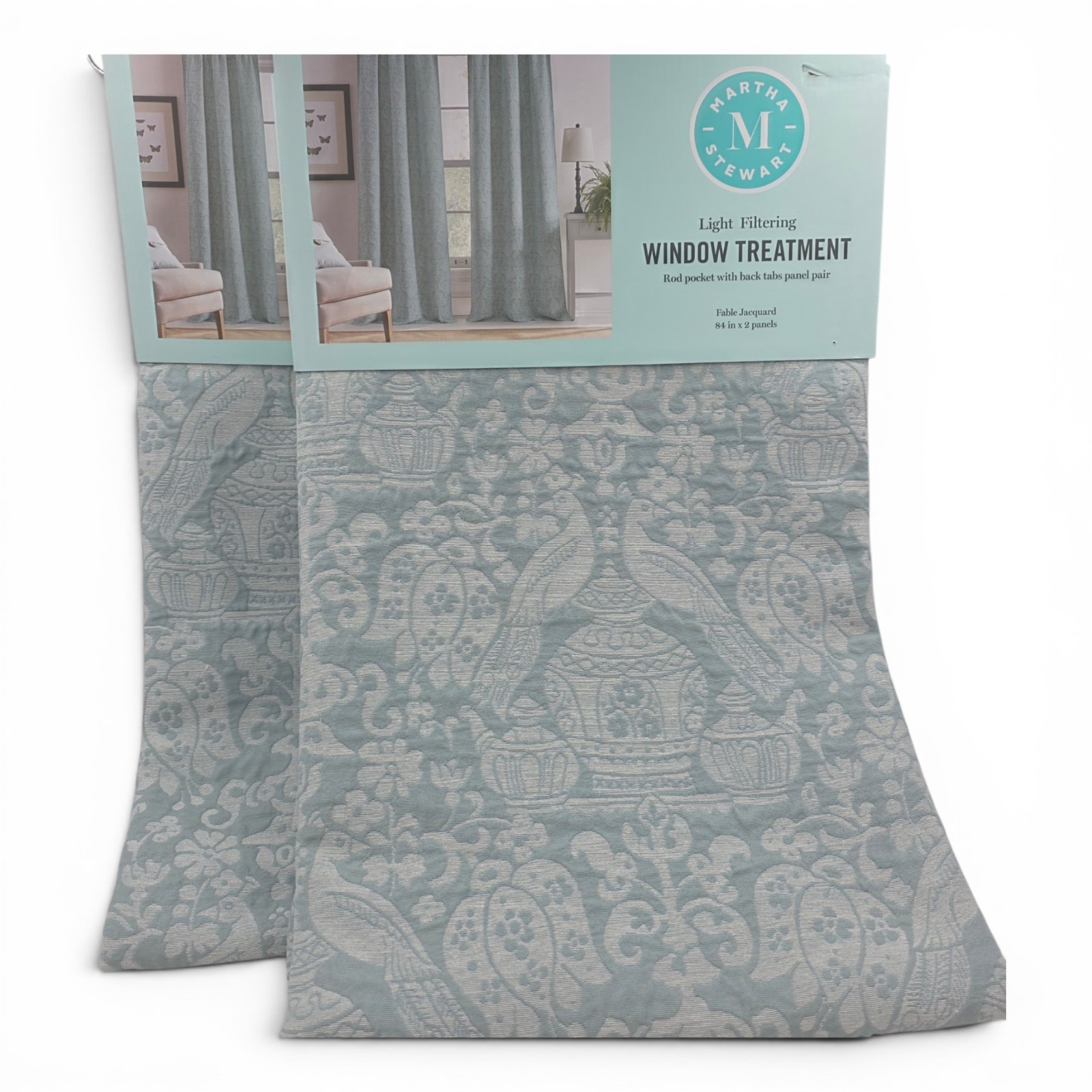 Martha Stewart Set of 4 Bird Damask Jacquard Curtains 37×84 Blue NEW