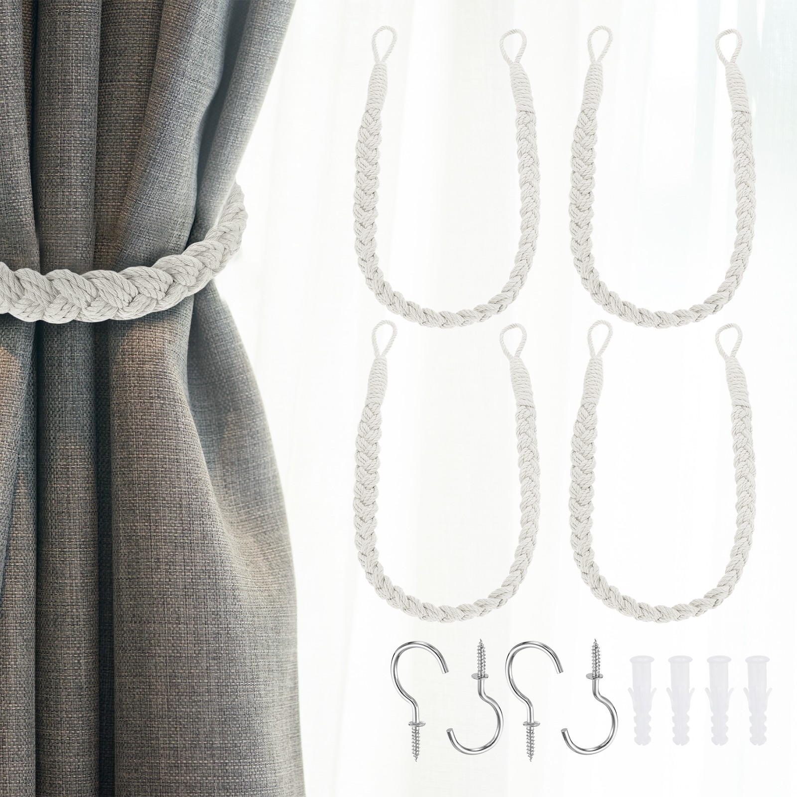 4Pcs Rope Curtain Tiebacks, 23.6″ Hand-Woven Curtain Holdback, Beige