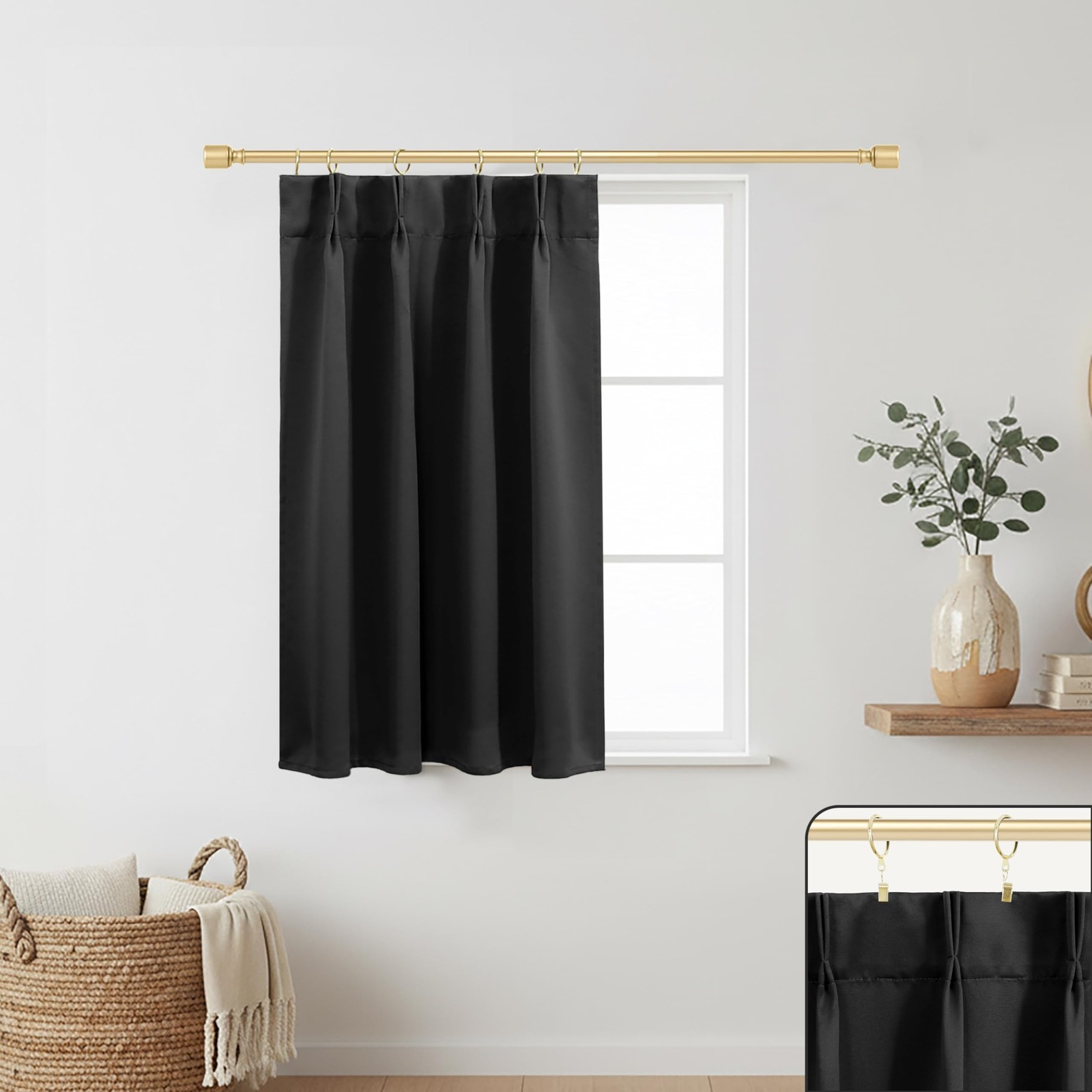 Short Curtain Single Panel for Small Window, Pinch Pleated Blackout Tier Half…