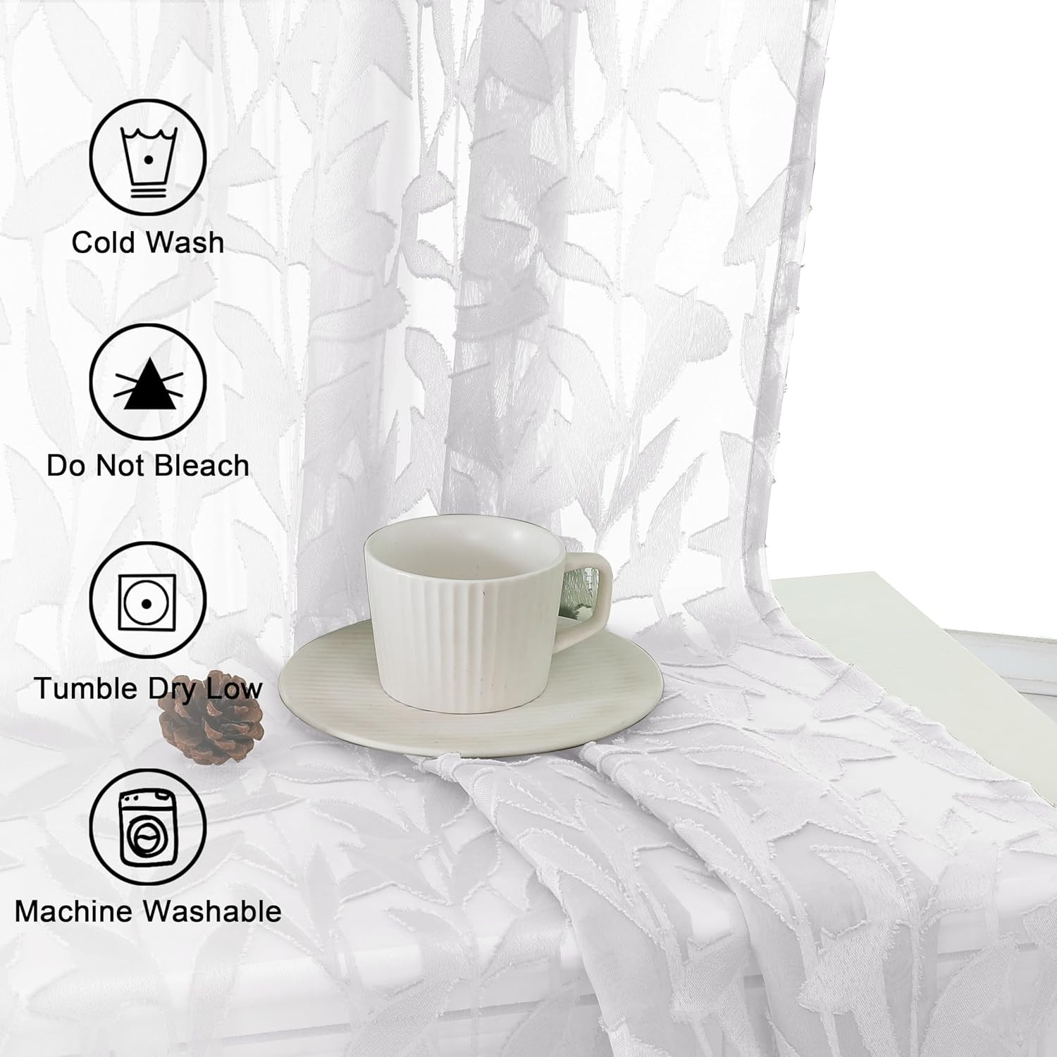 2 PCS White Sheer Valance Curtains 14 Inch Jacquard Leaf Light Filtering Window