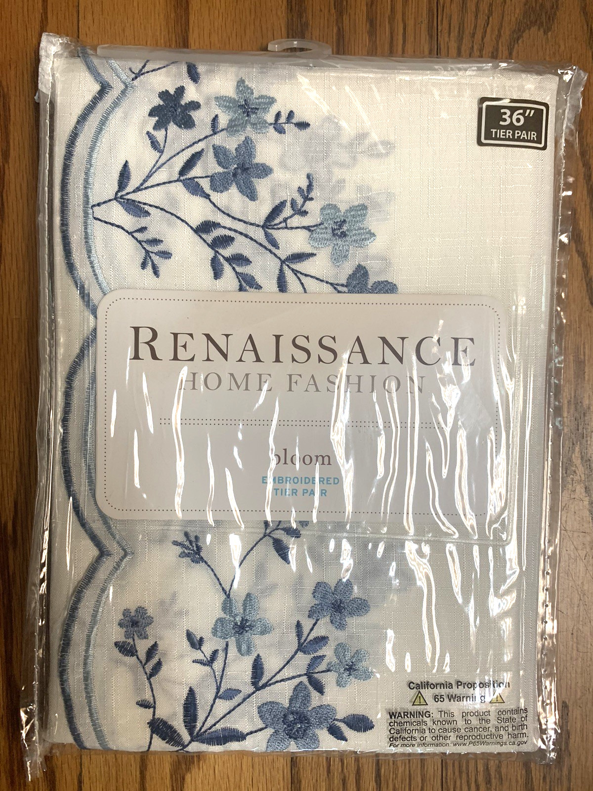 Belle Maison Bloom Renaissance Home Embroidered Tier Pair Blue White Floral 36″