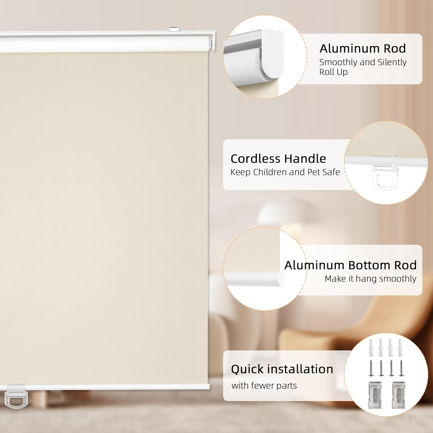 ChrisDowa Cordless Blackout Roller Shades for Windows, Thermal Insulated UV Prot