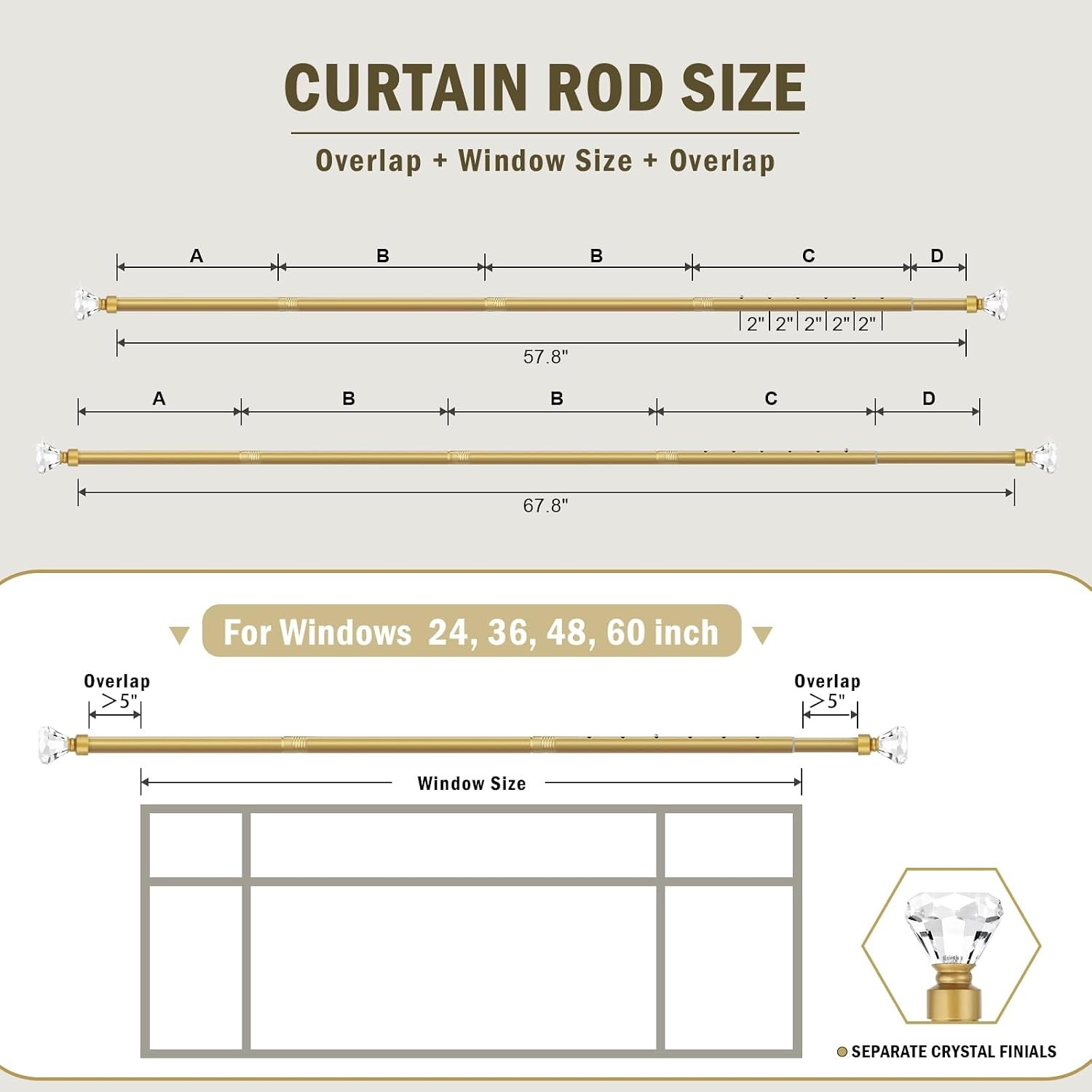 Diamond Curtain Rods for Windows 30 to 68 Inches, Gold Curtain Rods with Crystal