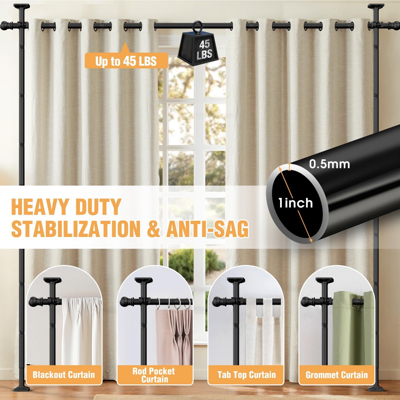 Adjustable Room Divider Curtain Rod – No Drill Privacy Separator, 4-11ft Height,