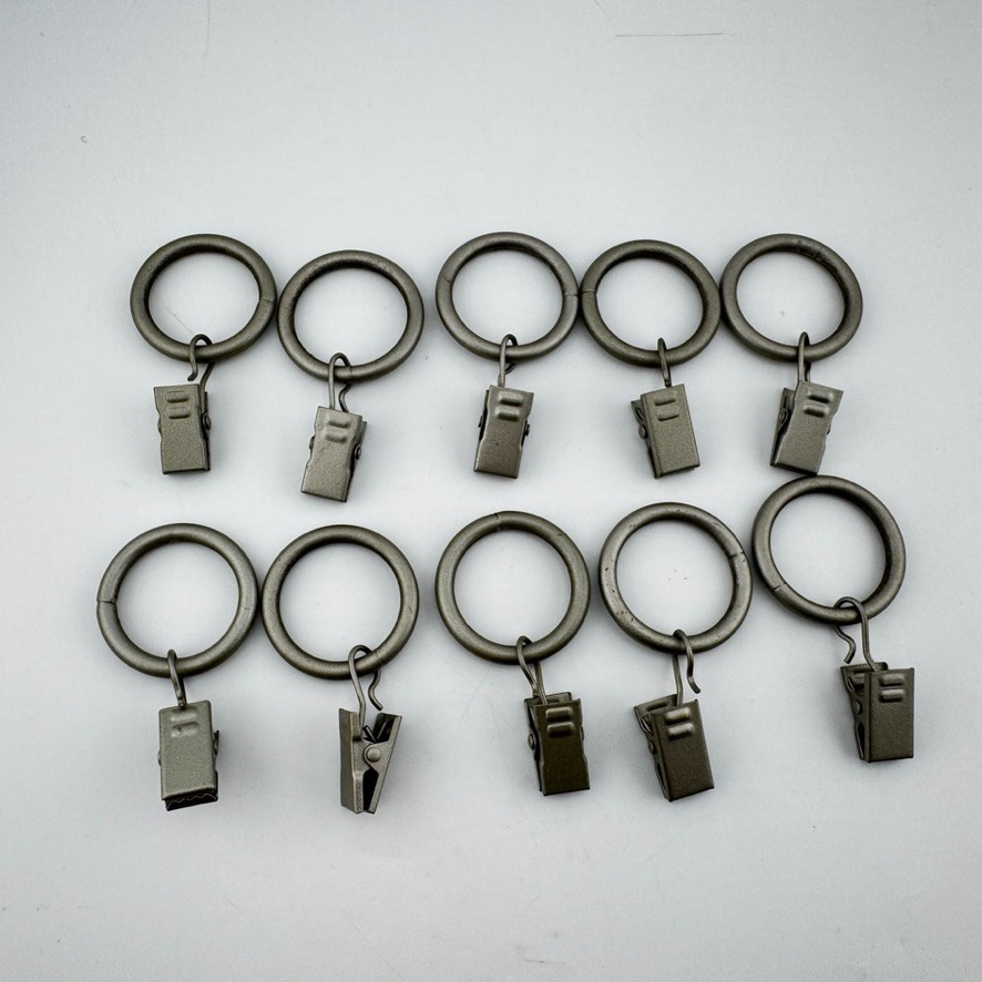 Set of 10 -Iron Metal Curtain Rings w/ Clips – 1″ Interior Dia. Nickel Finish
