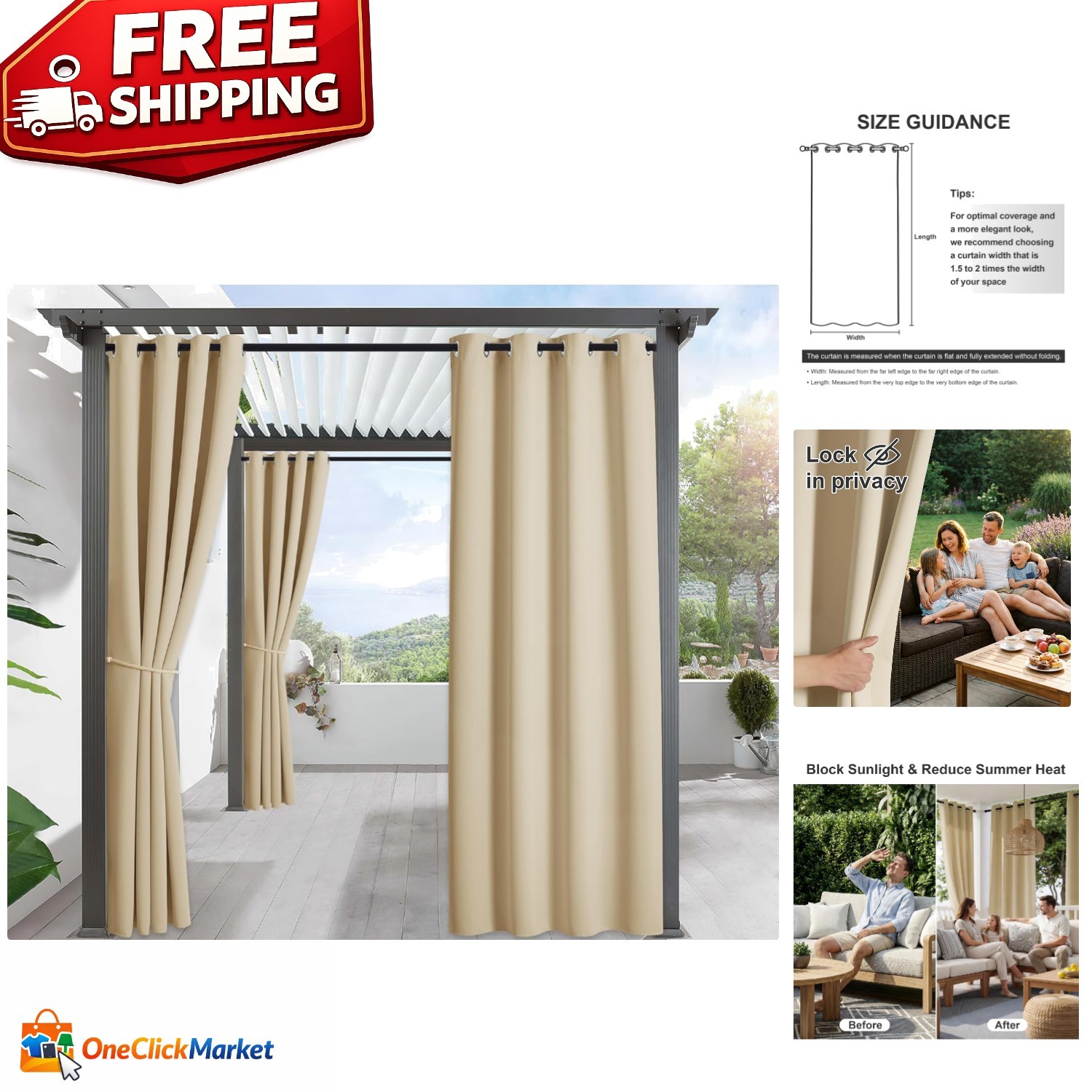 Waterproof Blackout Panel Curtain for Porch & Pergola – 52″x84″ Biscotti Beige