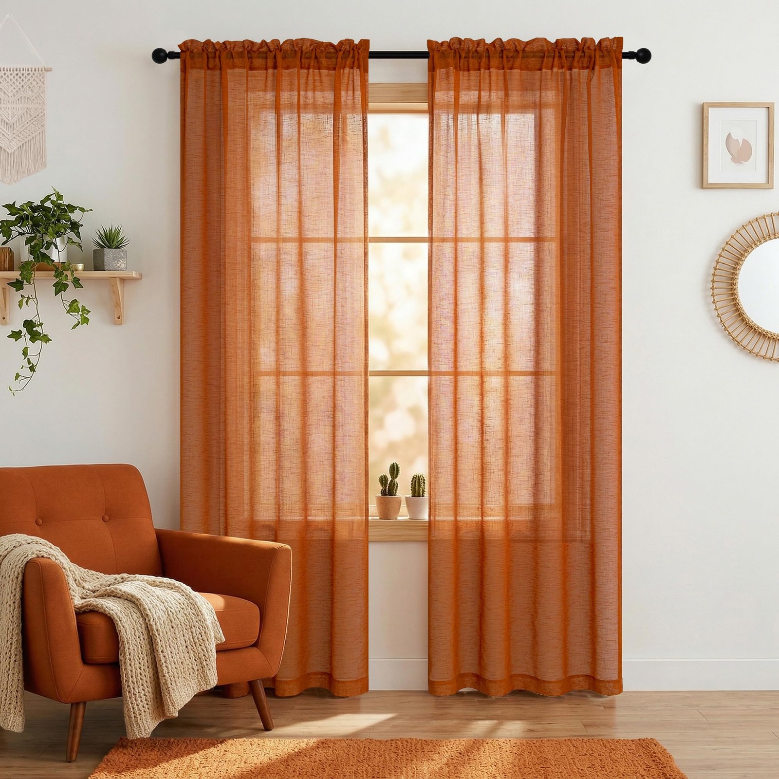 Mrs.Naturall Burnt Orange Sheer Curtains 84 Inches Long Boho Slight Linen
