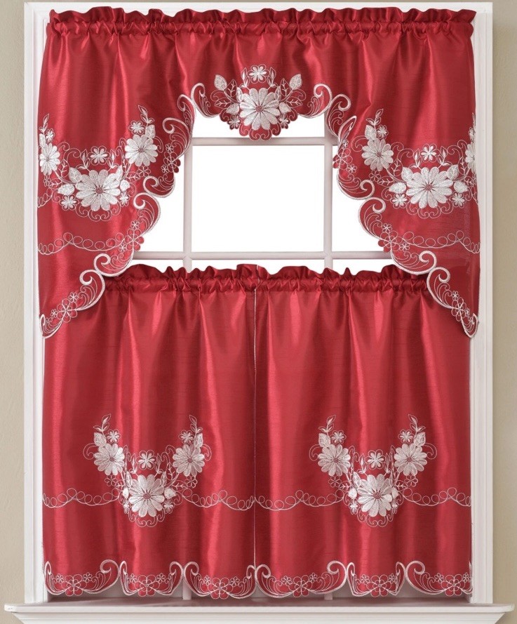 3pcs Burgundy Flower Embroidery Kitchen Curtain 60in X 36in FREE SHIPPING